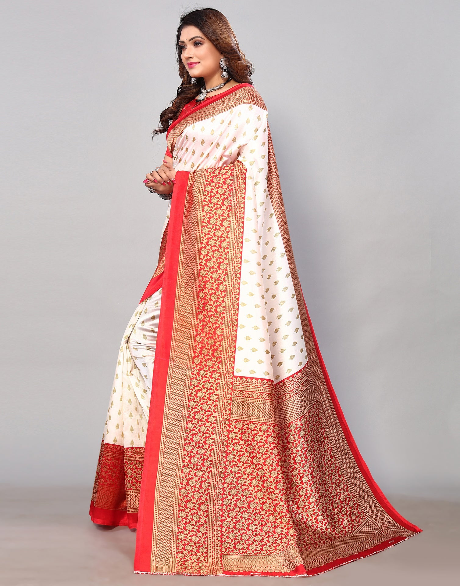 White & Beige Silk Printed Saree | Sudathi