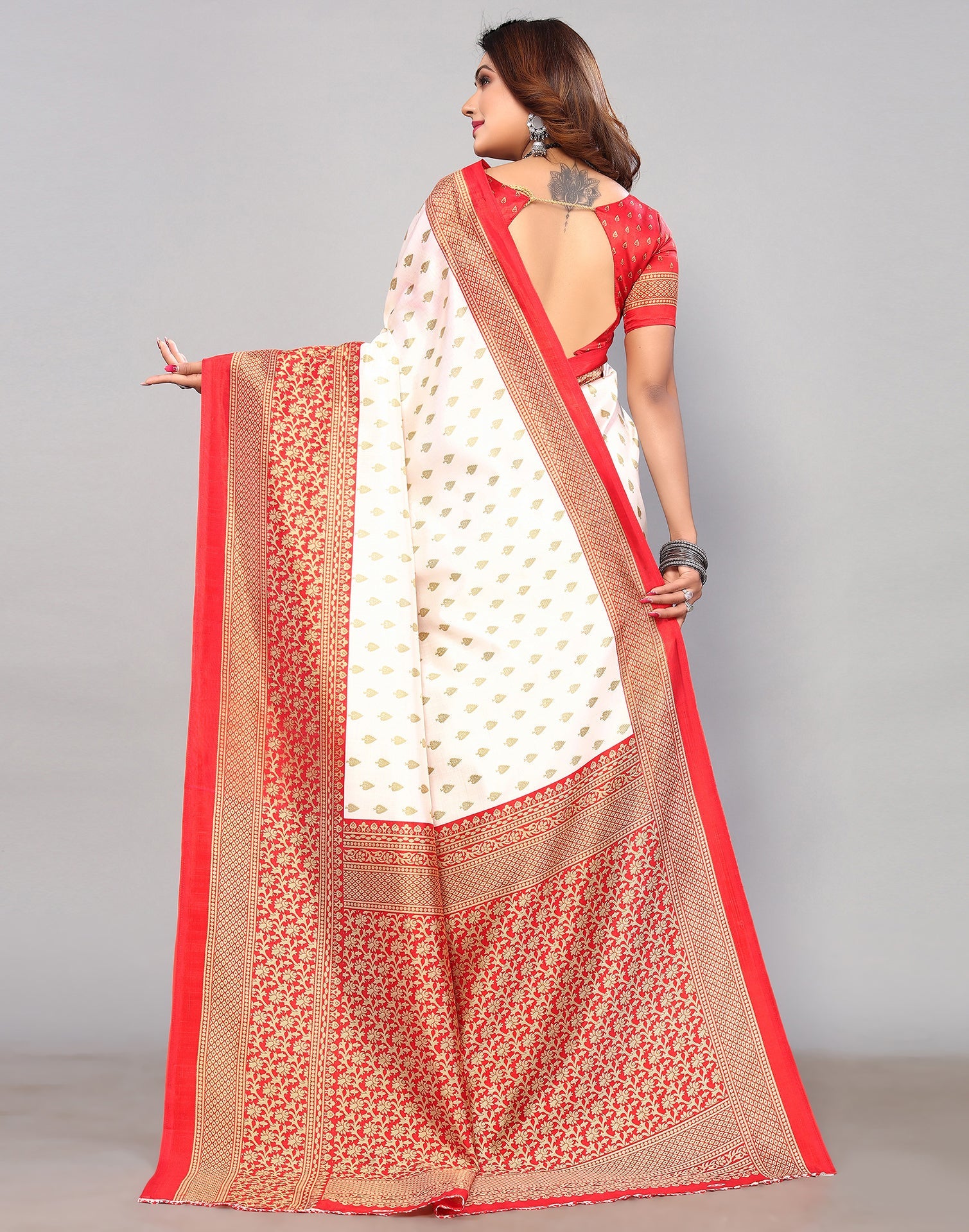 White & Beige Silk Printed Saree | Sudathi