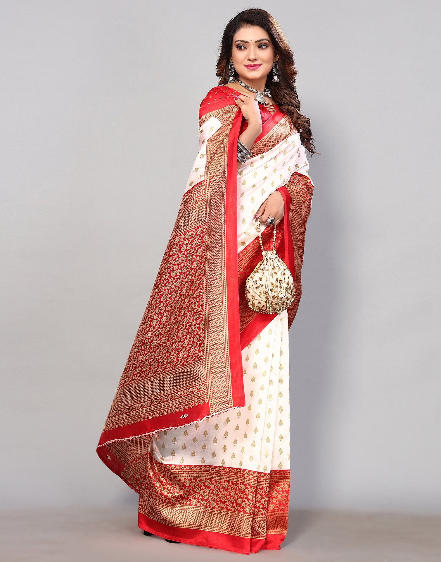 White & Beige Silk Printed Saree | Sudathi