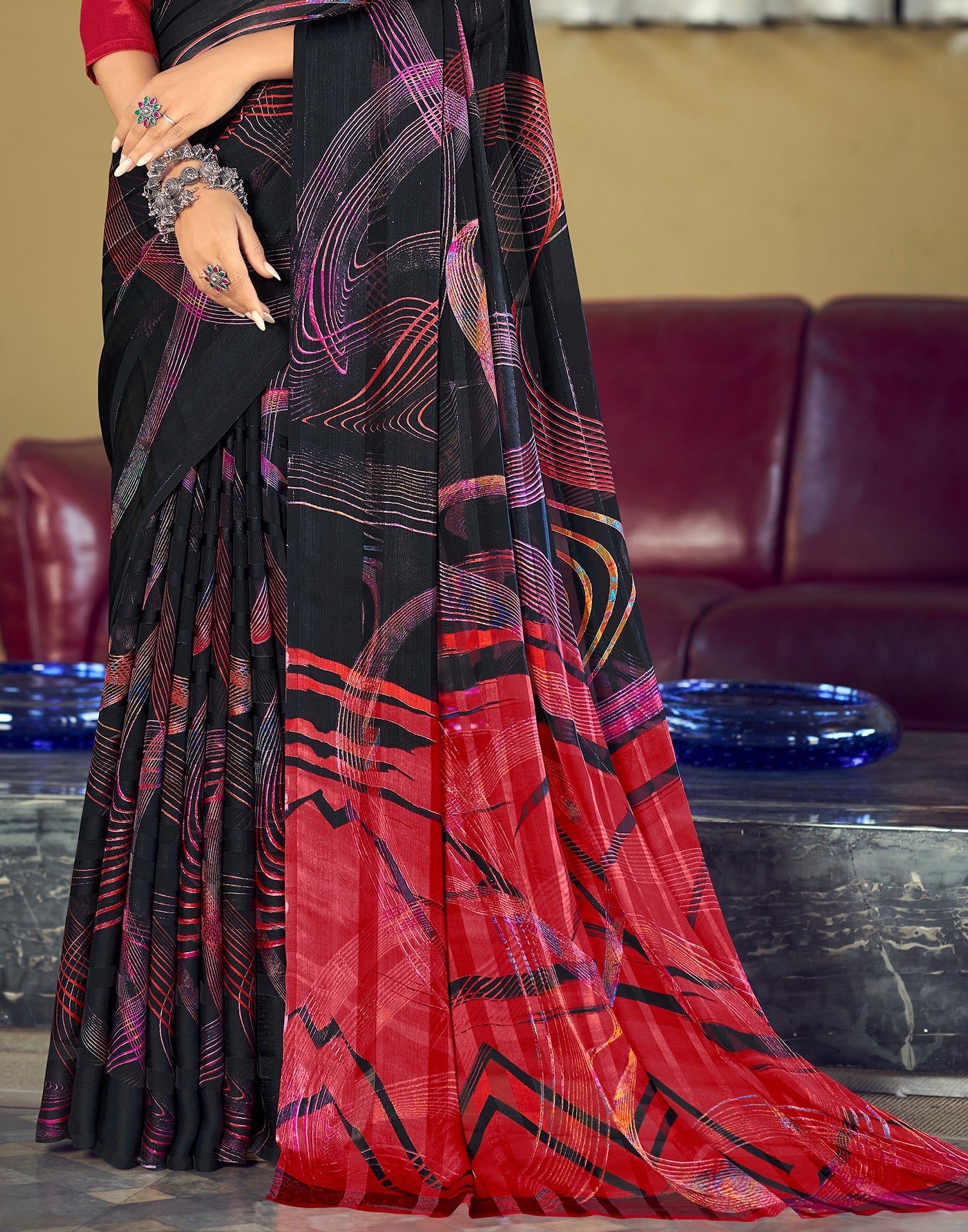 Black Printed Chiffon Saree | Sudathi