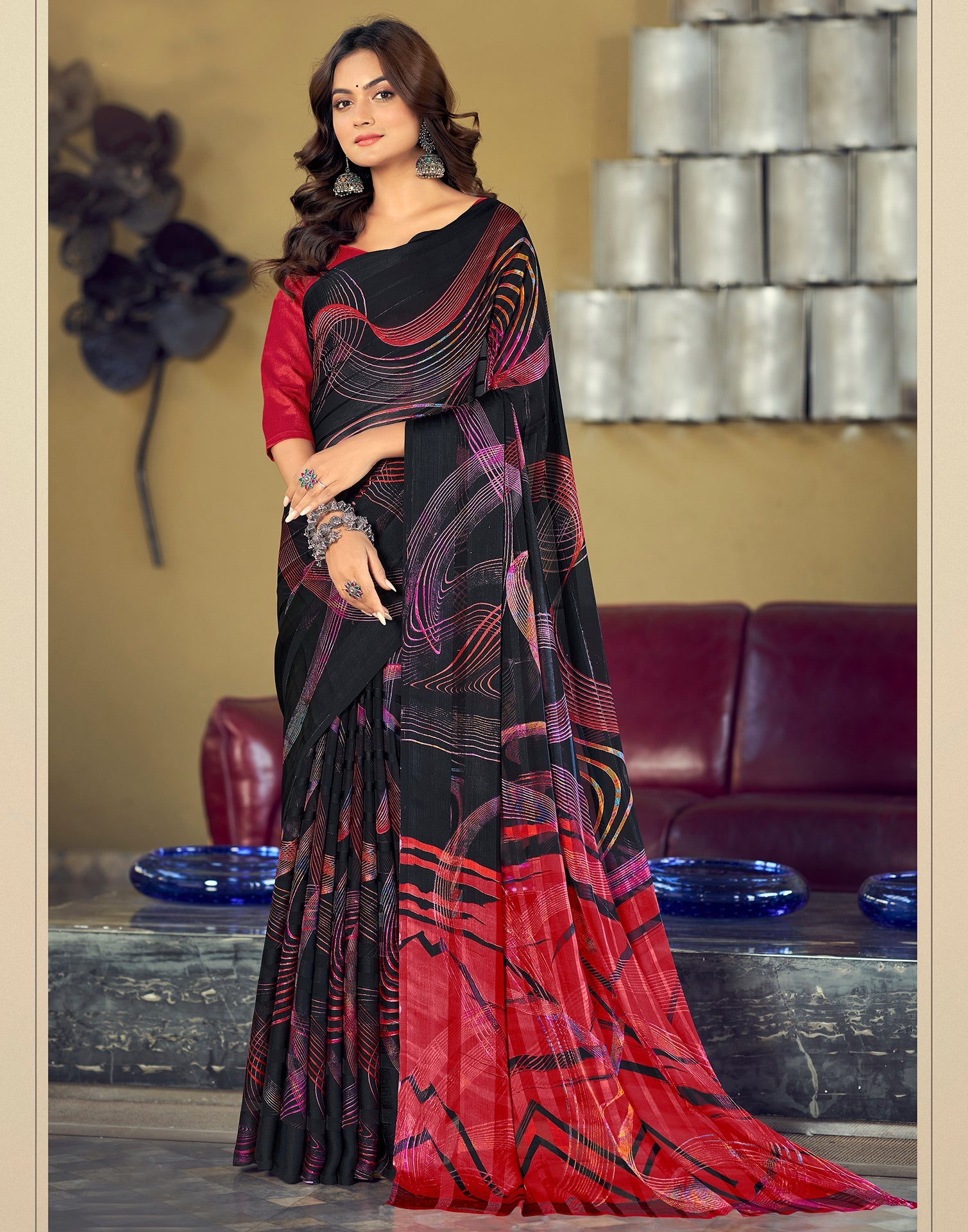 Black Printed Chiffon Saree | Sudathi