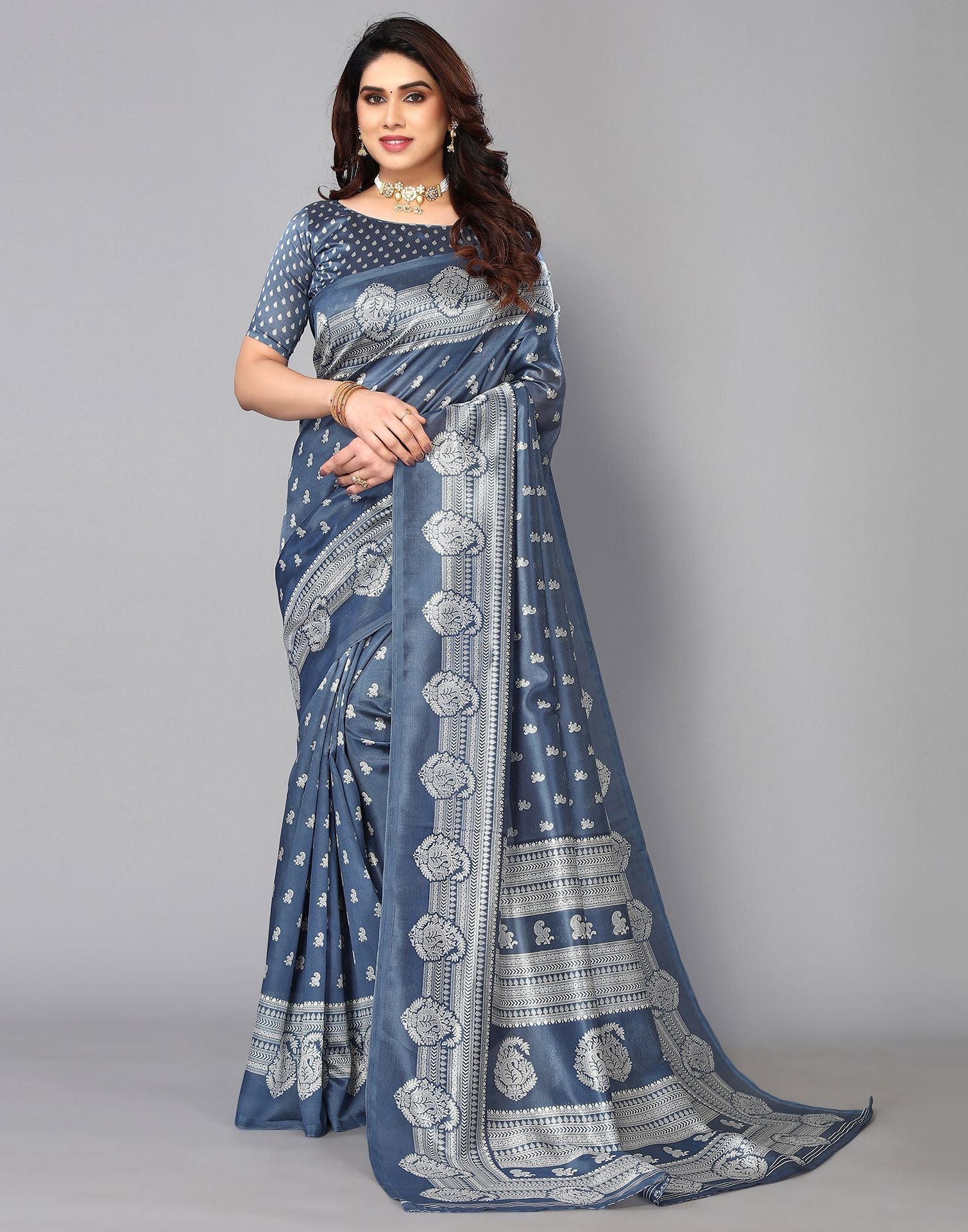 Grey Silk Printed Saree | Sudathi