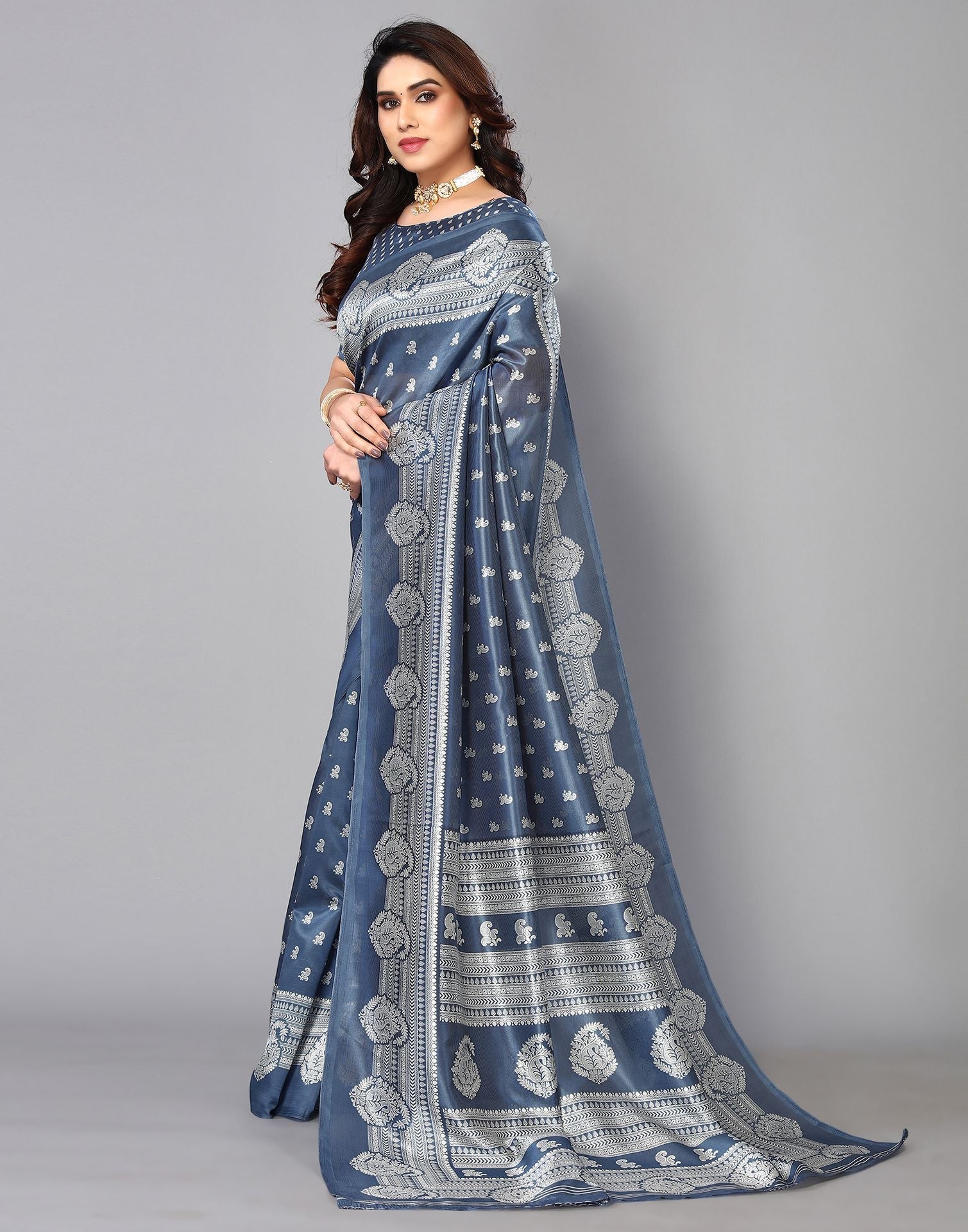 Grey Silk Printed Saree | Sudathi