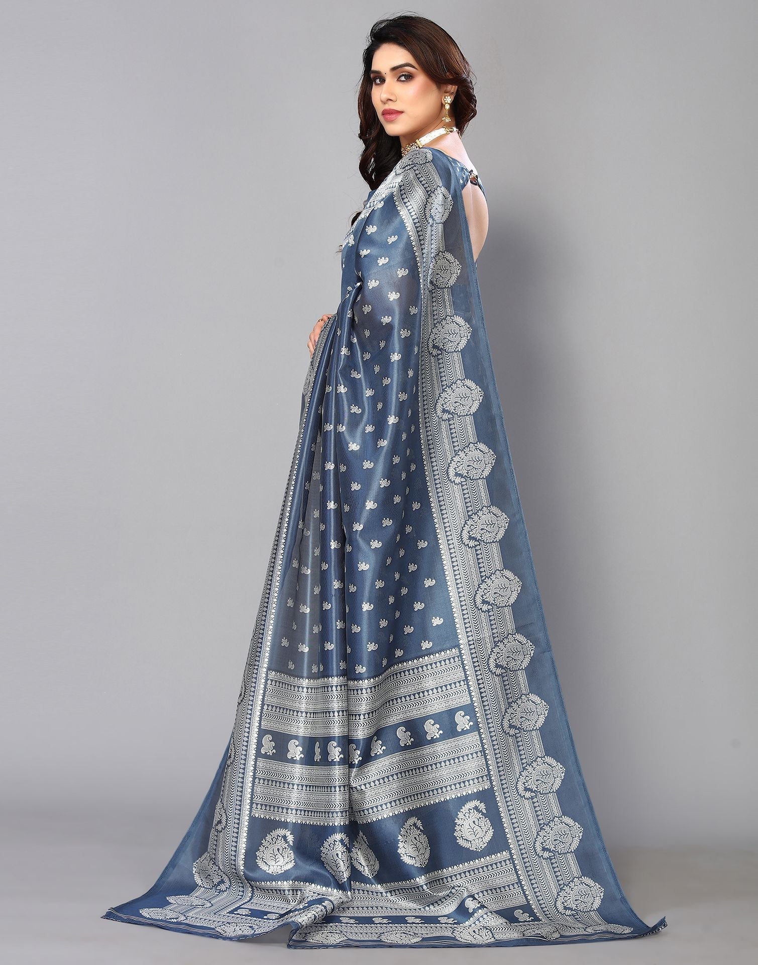 Grey Silk Printed Saree | Sudathi