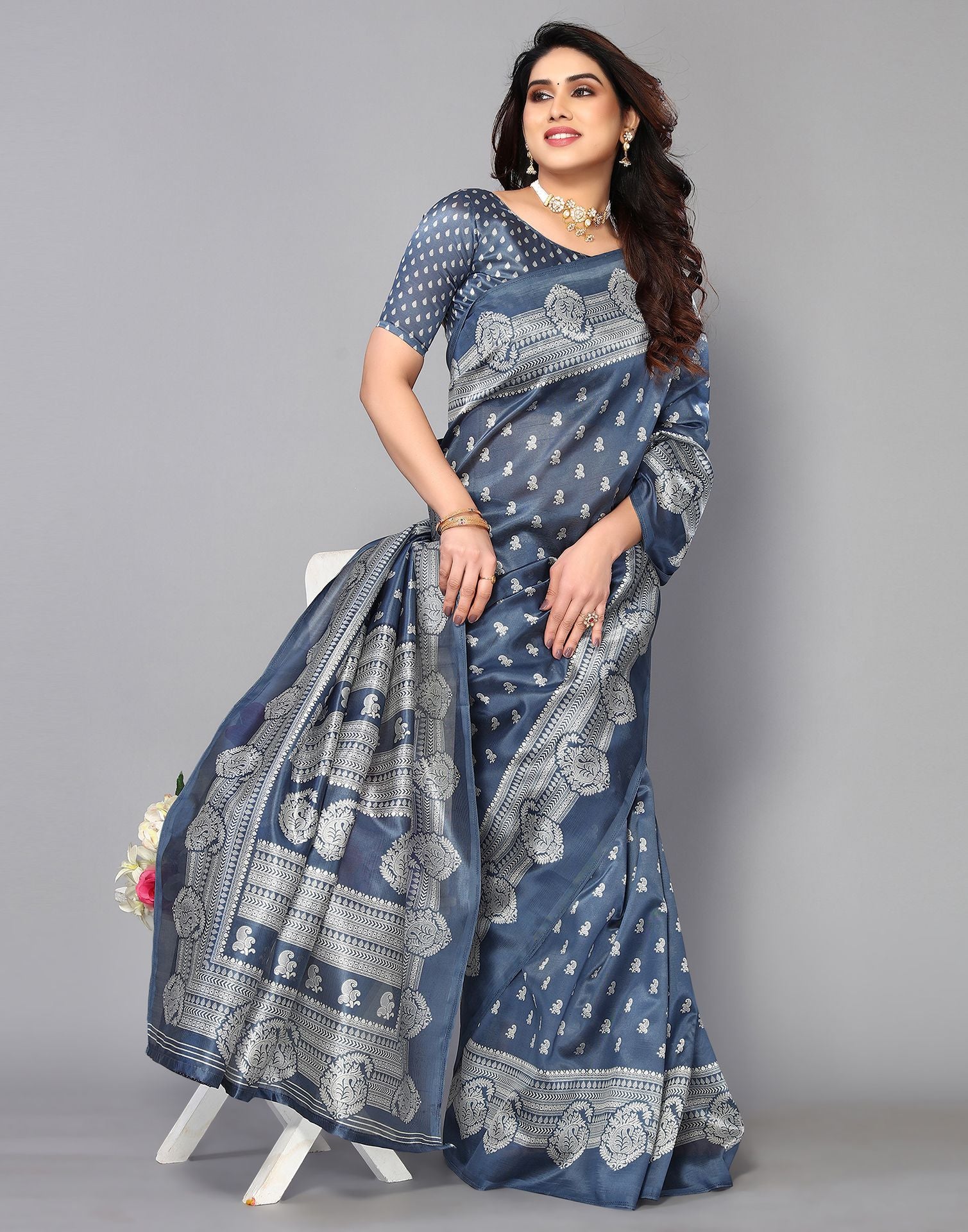 Grey Silk Printed Saree | Sudathi