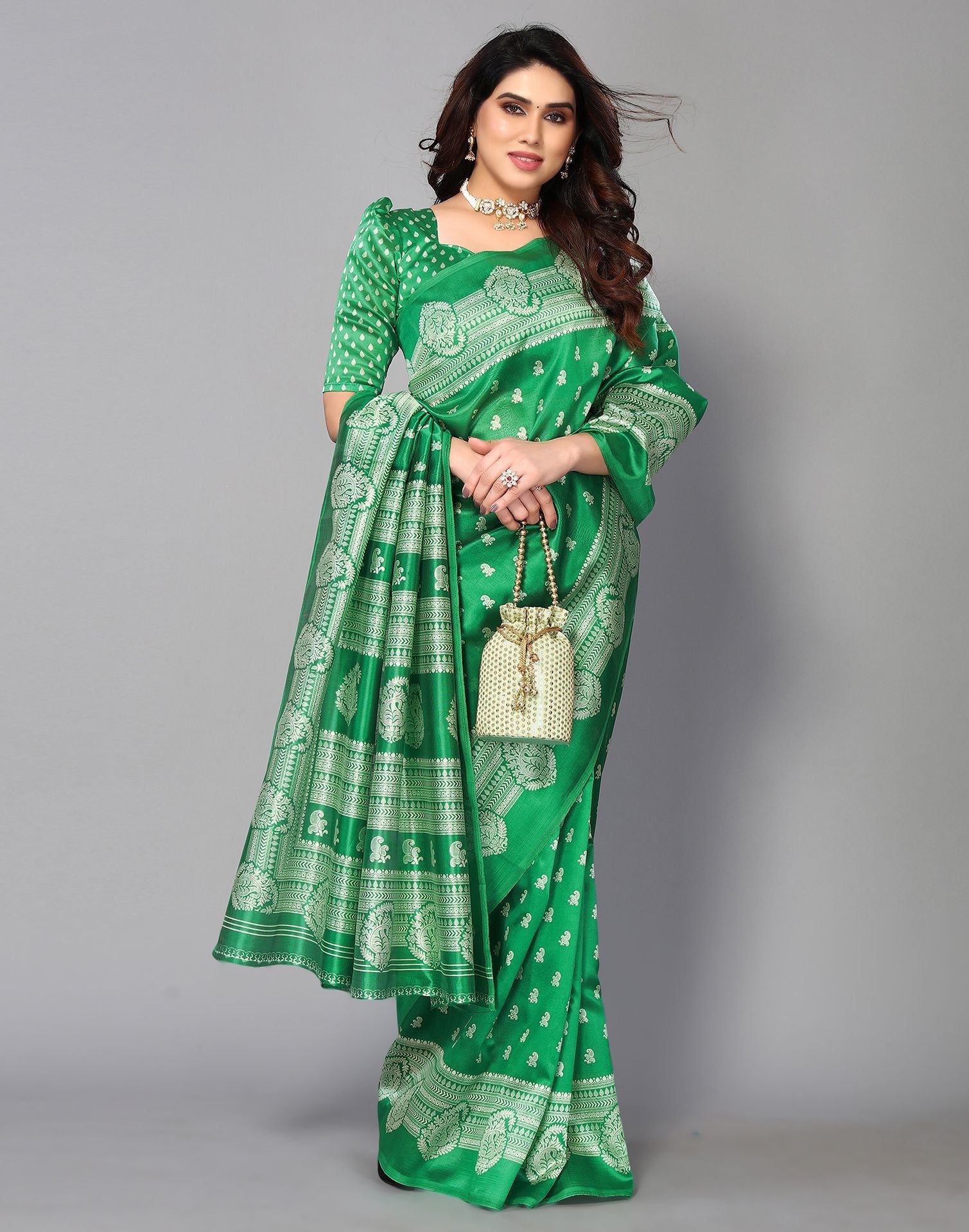 Green Silk Printed Saree | Sudathi
