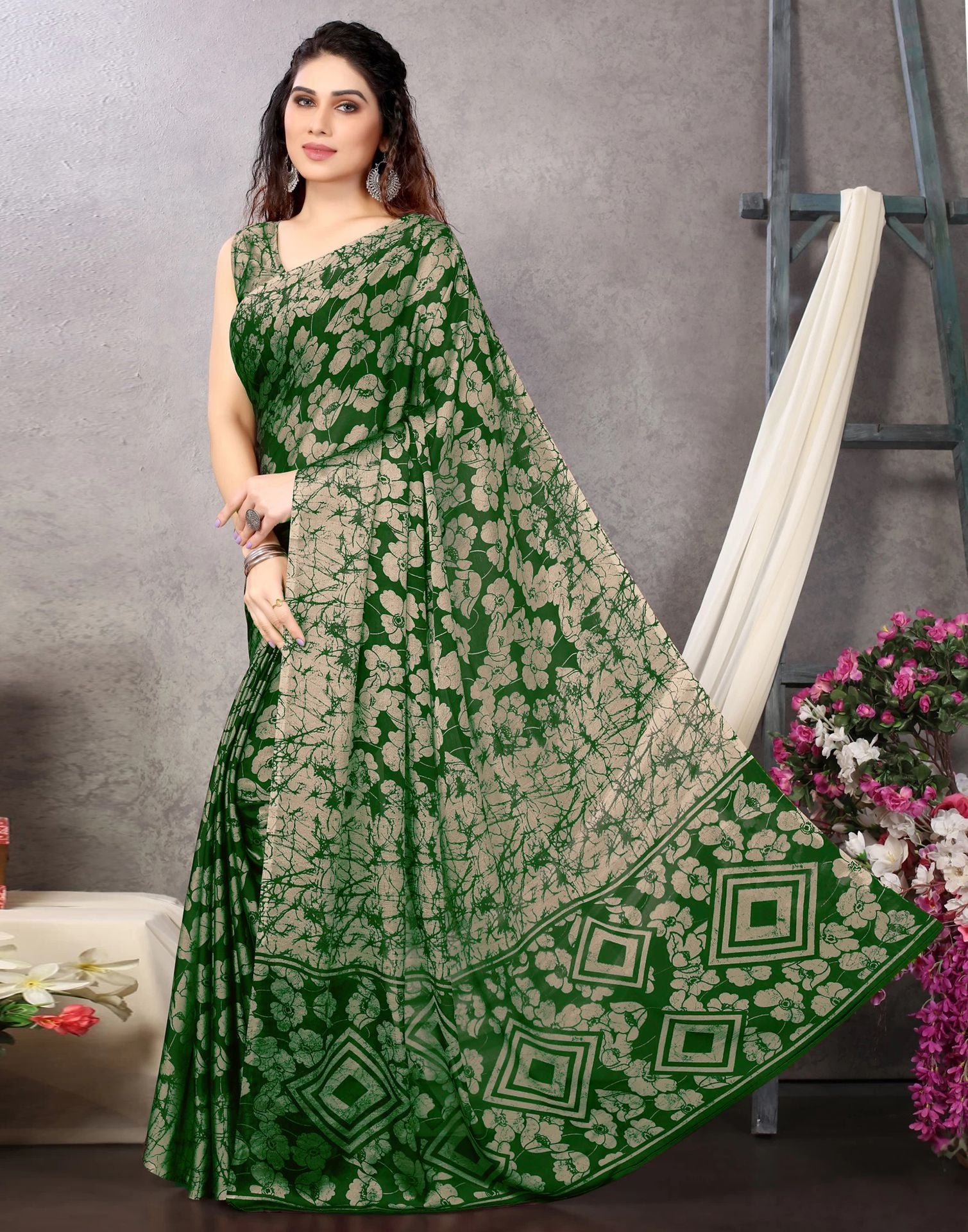 Green Chiffon Printed Saree | Sudathi