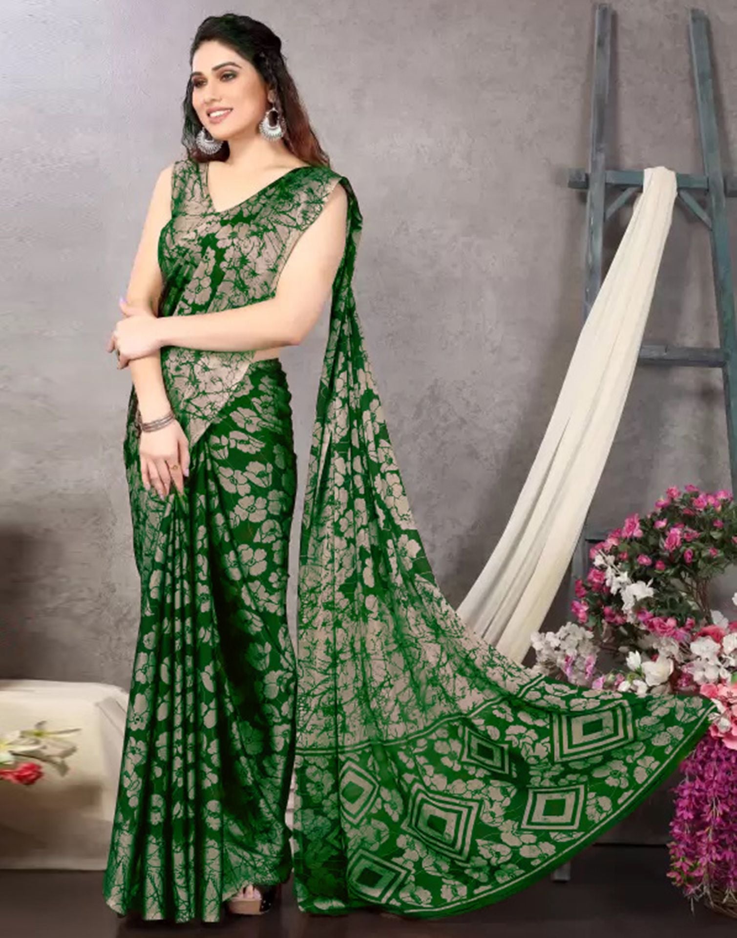 Green Chiffon Printed Saree | Sudathi