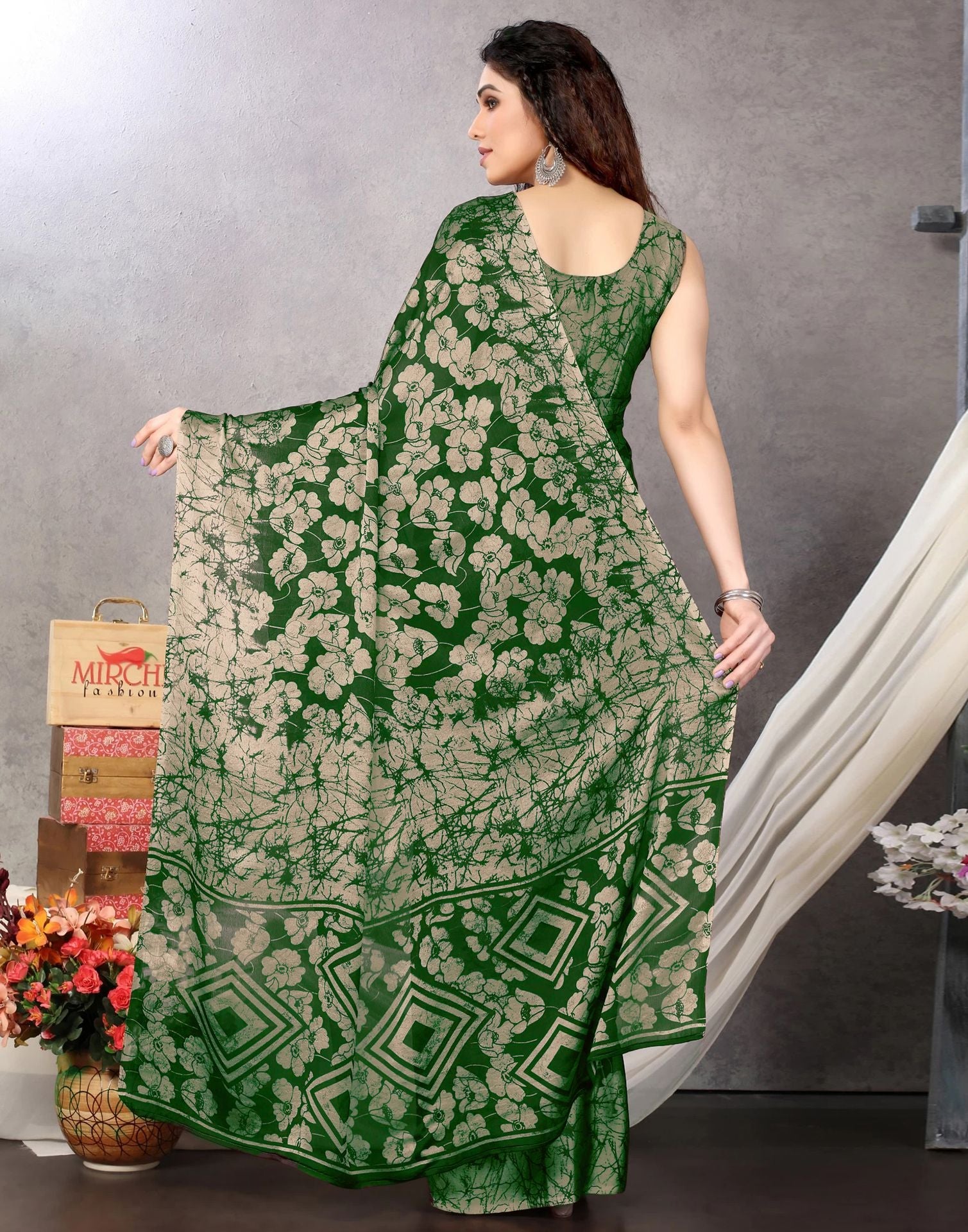 Green Chiffon Printed Saree | Sudathi