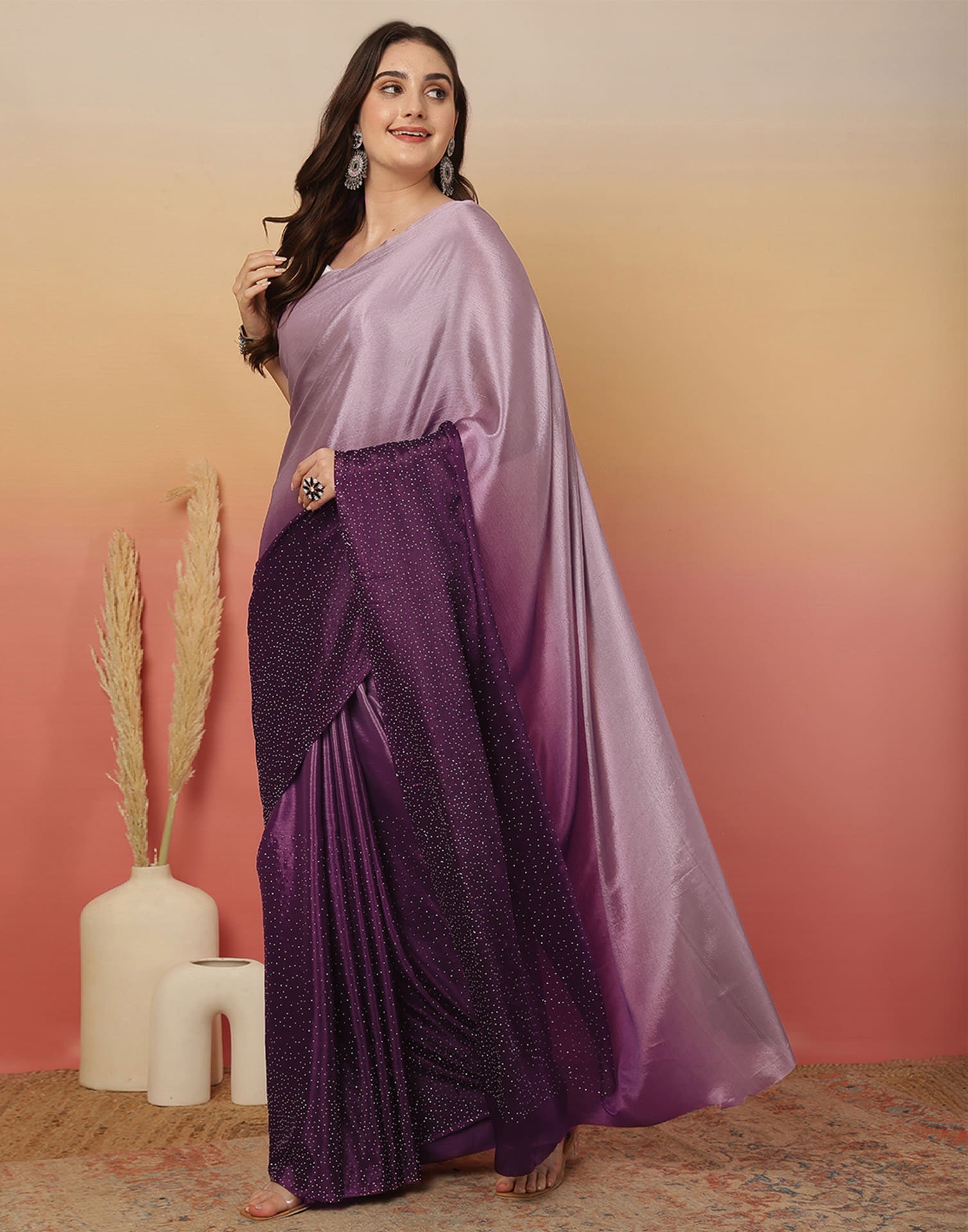 Wine Chinnon Stone Work Swarovski Saree