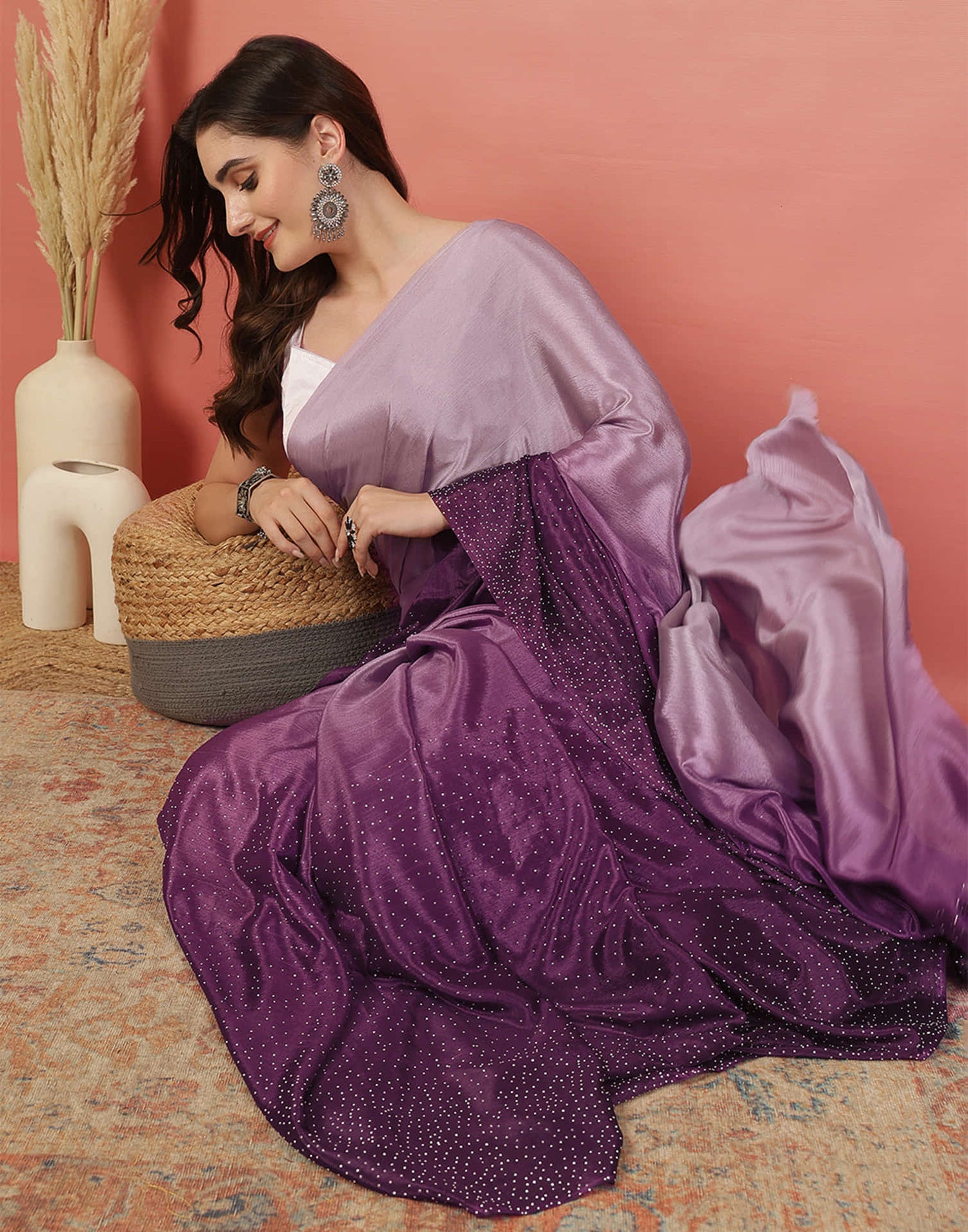 Wine Chinnon Stone Work Swarovski Saree