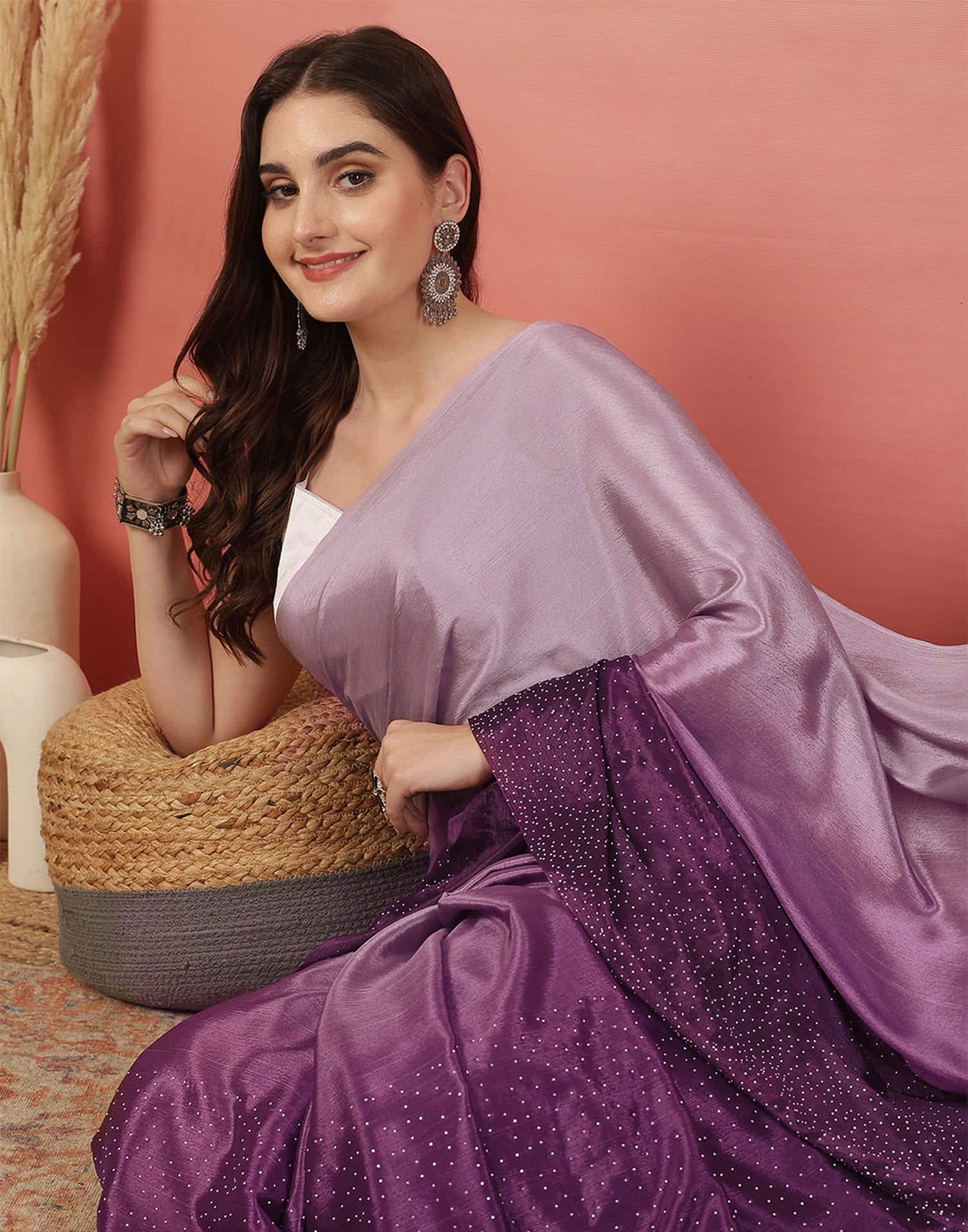 Wine Chinnon Stone Work Swarovski Saree