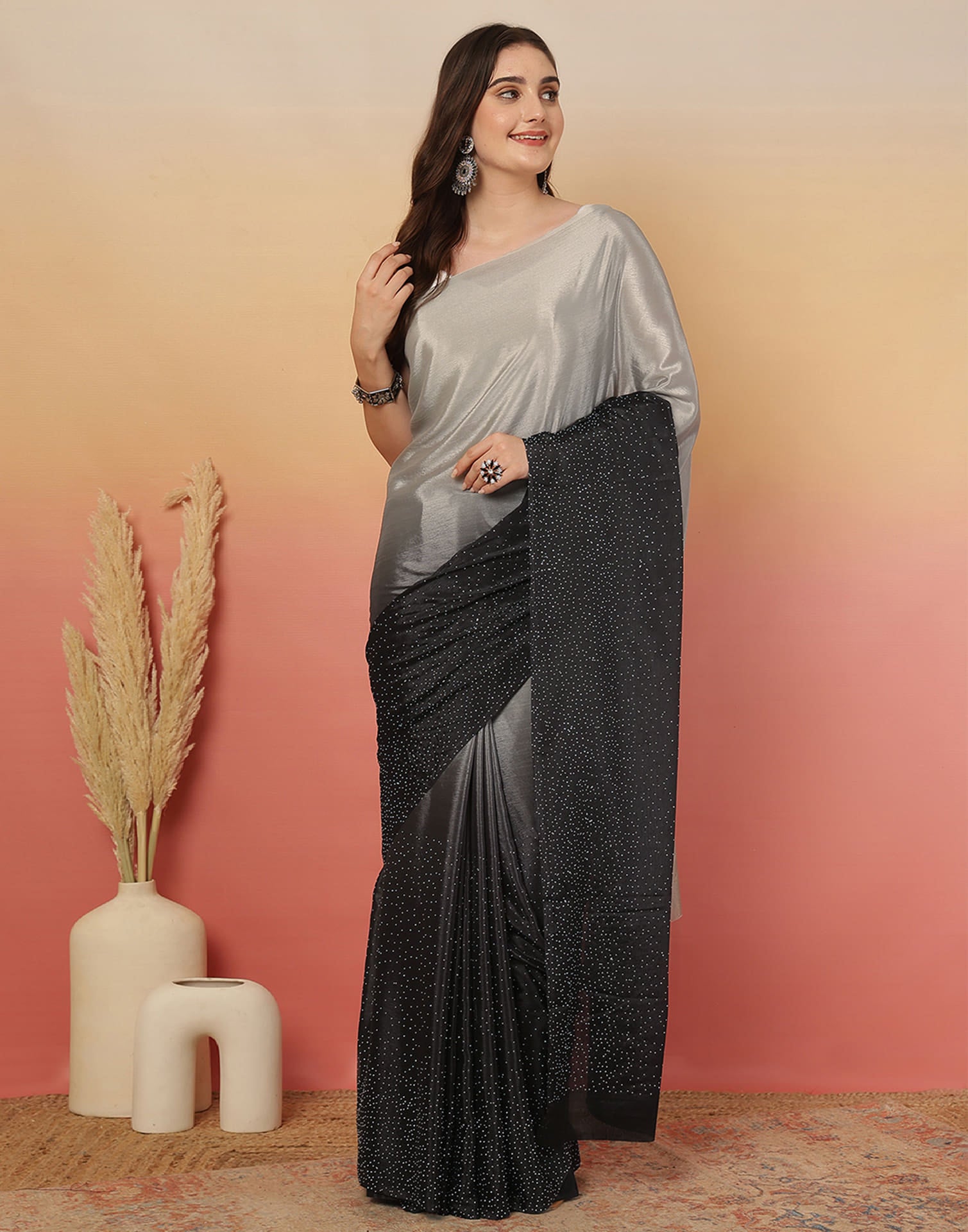 Black Chinnon Stone Work Swarovski Saree