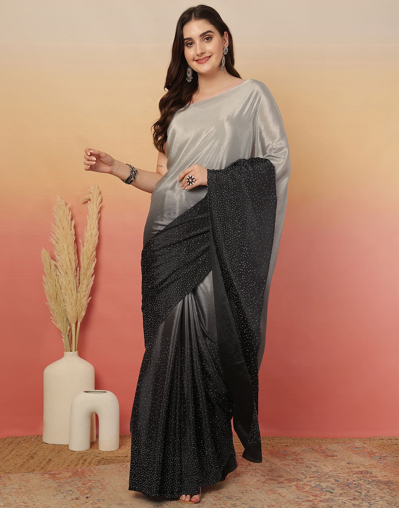 Black Chinnon Stone Work Swarovski Saree