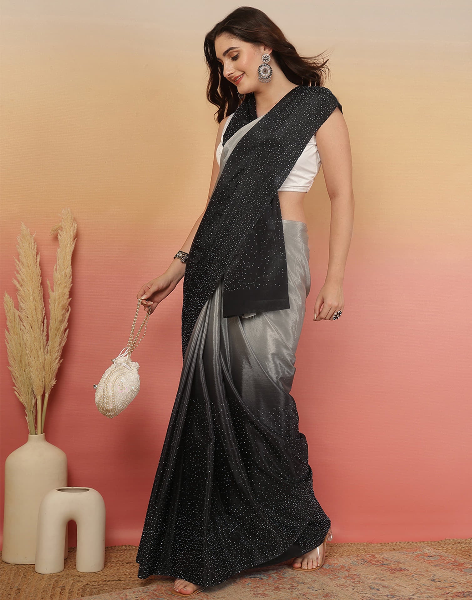 Black Chinnon Stone Work Swarovski Saree