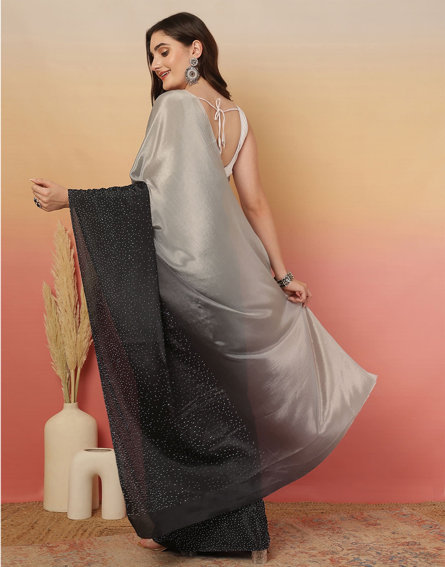 Black Chinnon Stone Work Swarovski Saree