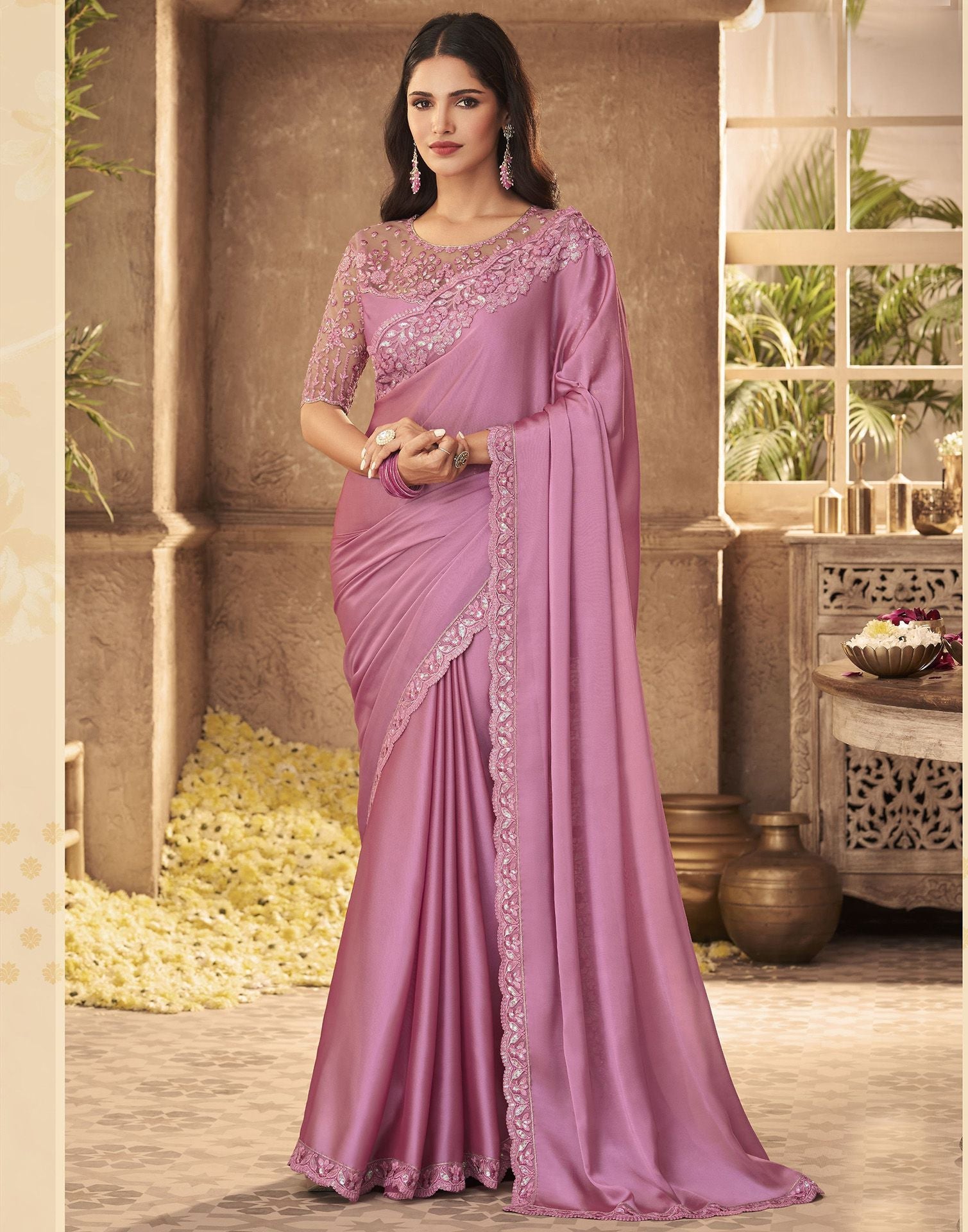 Light Pink Georgette Plain Embroidery Saree Sudathi