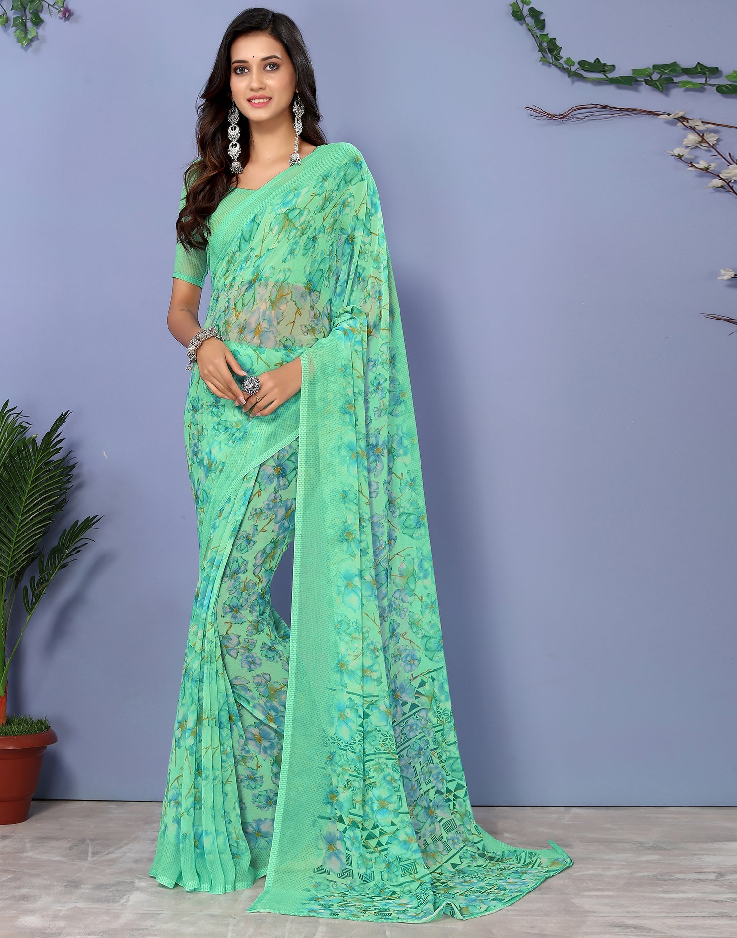 Green Georgette Floral Printed Saree | Sudathi