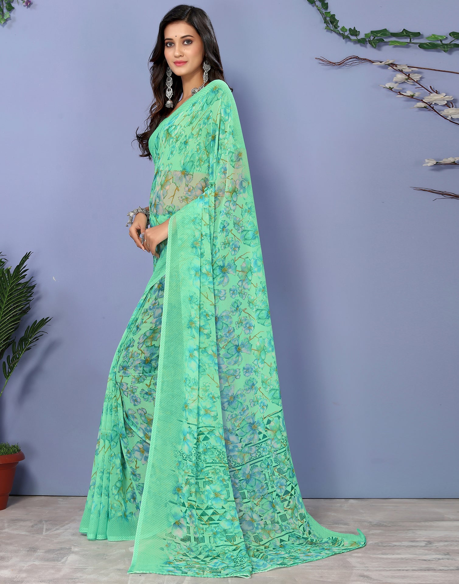 Green Georgette Floral Printed Saree | Sudathi