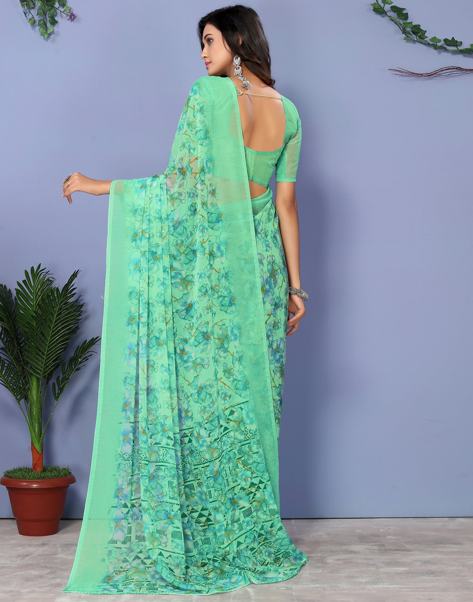 Green Georgette Floral Printed Saree | Sudathi