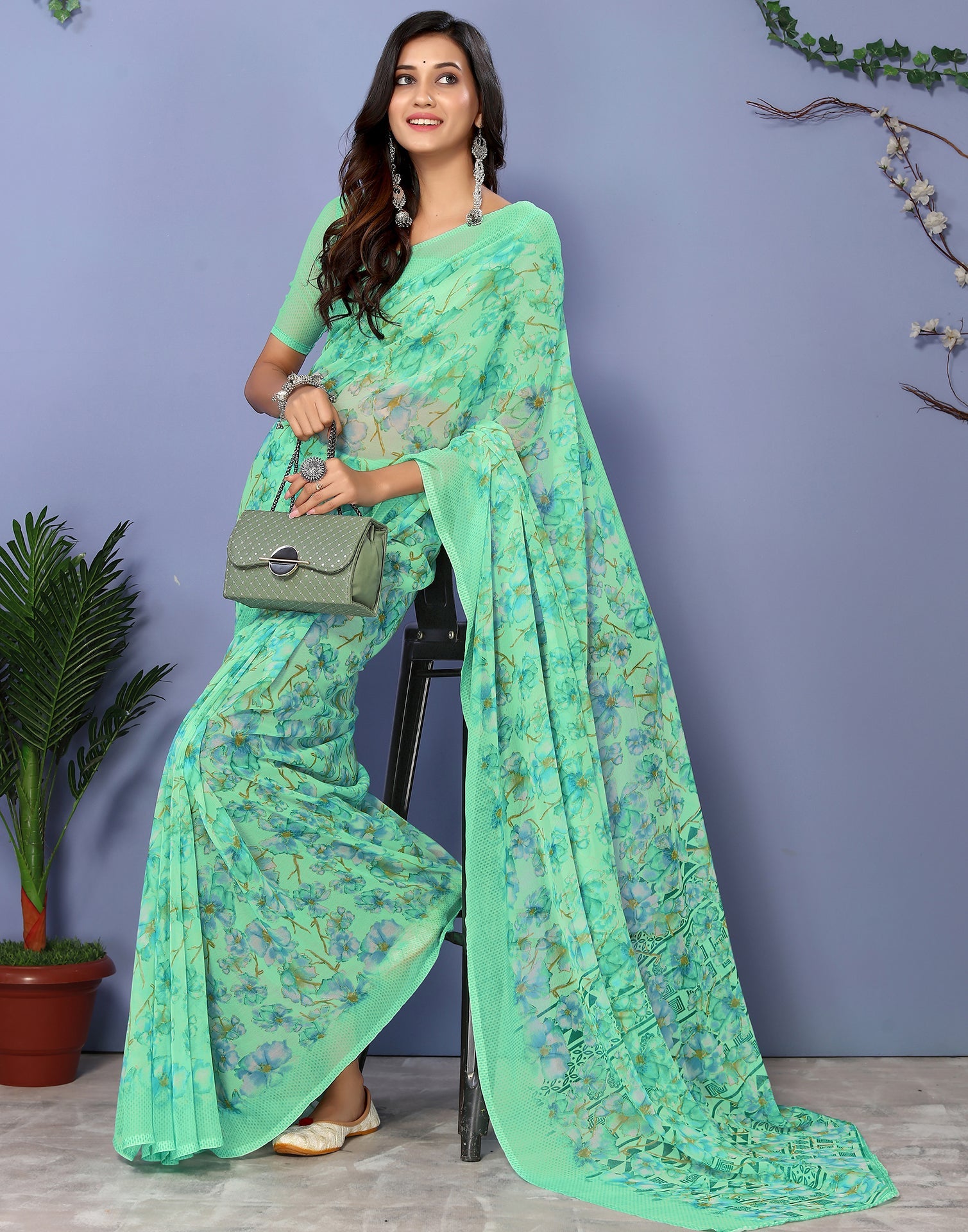 Green Georgette Floral Printed Saree | Sudathi