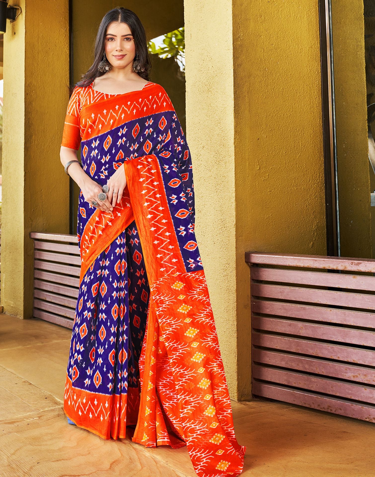 Violet Cotton Ikkat Printed Saree