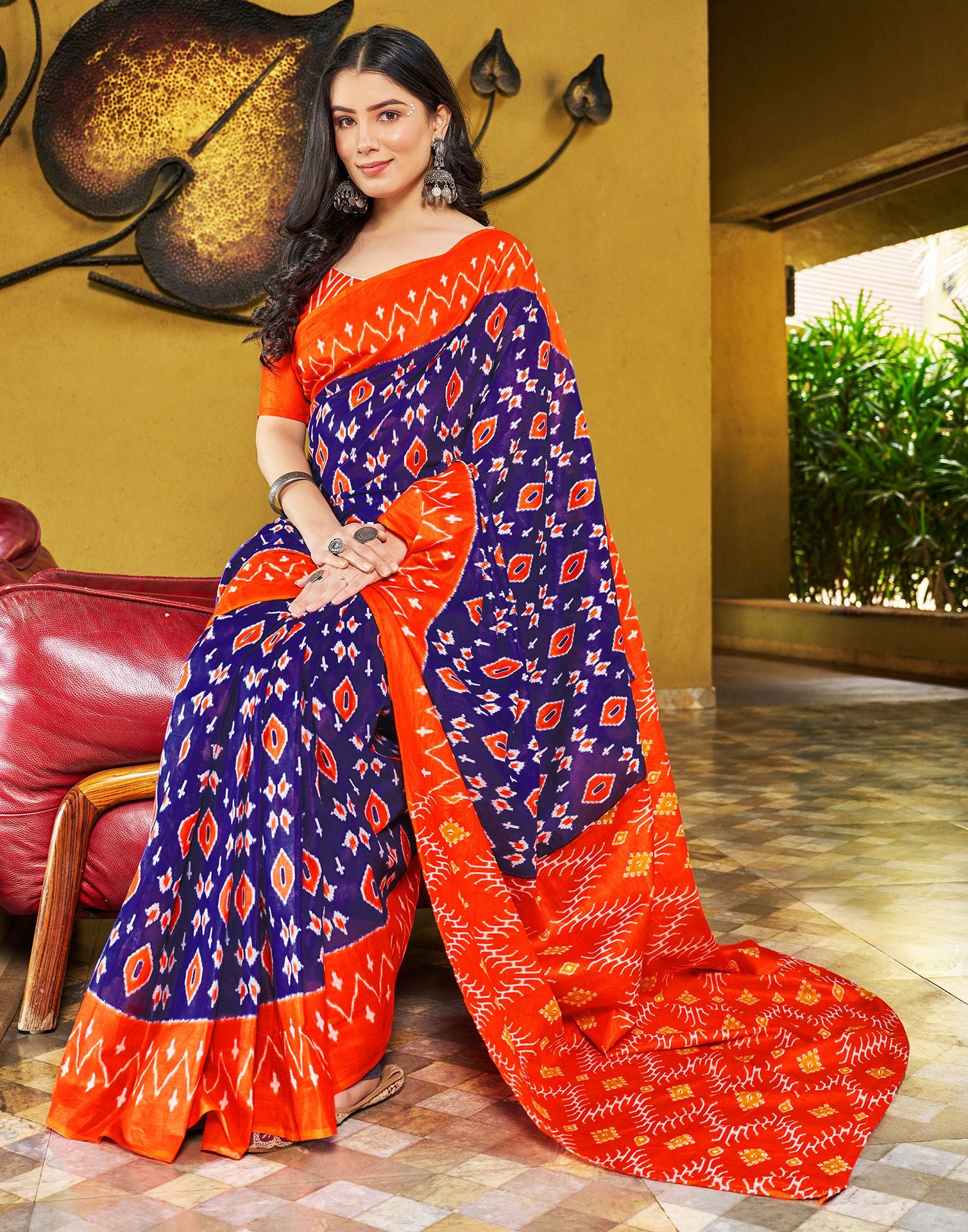 Violet Cotton Ikkat Printed Saree