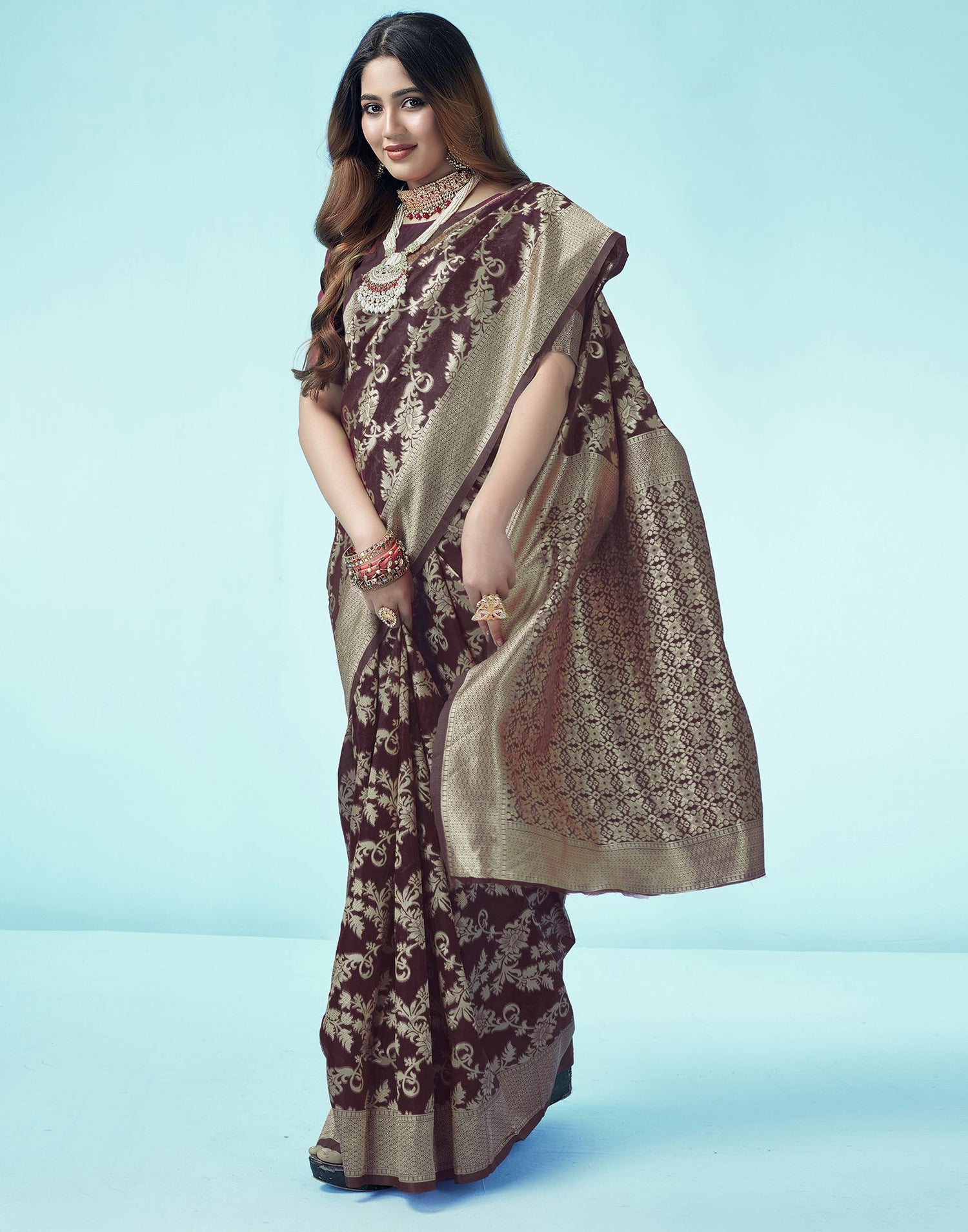 Maroon Floral Banarasi Silk Saree