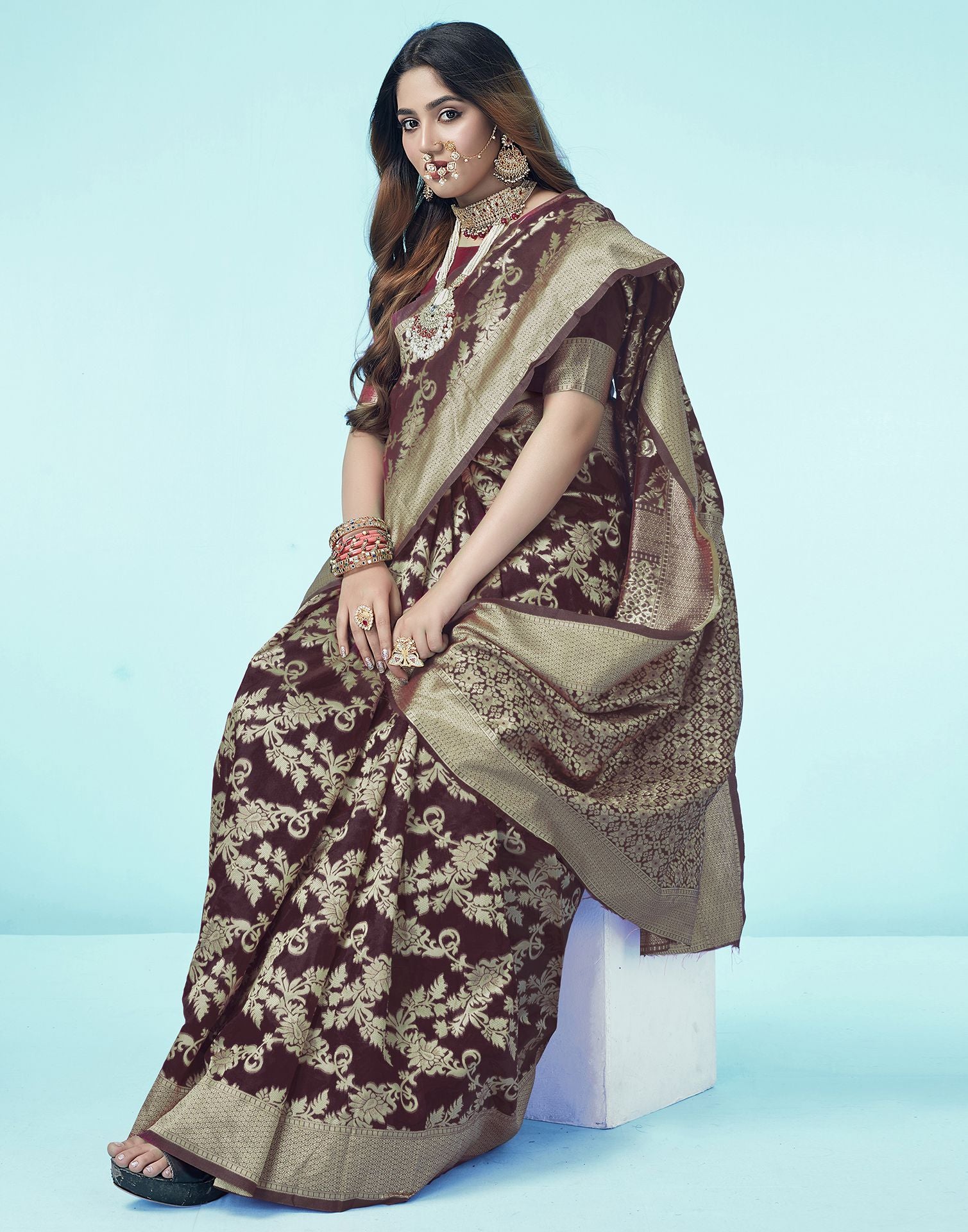 Maroon Floral Banarasi Silk Saree