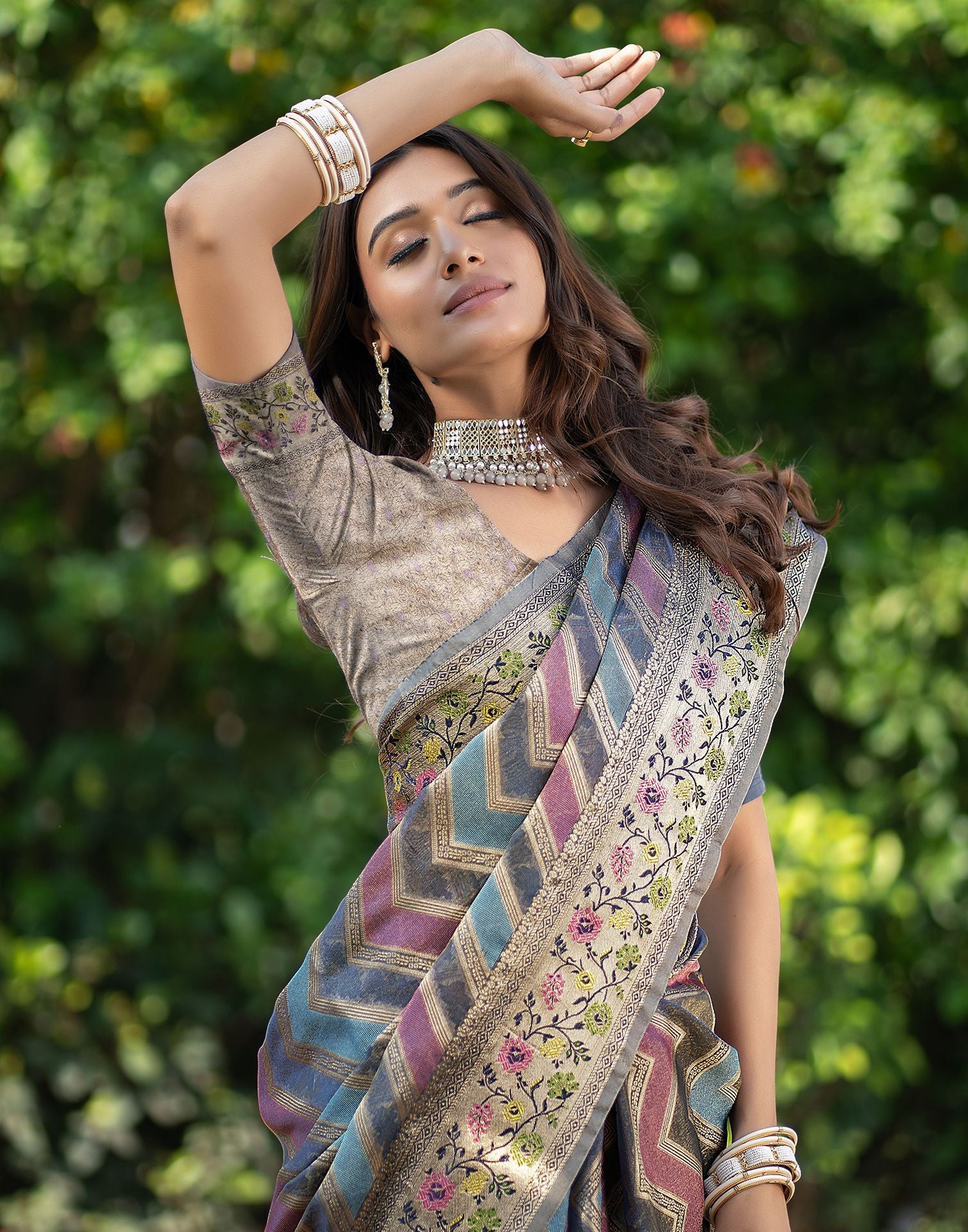 Multicoloured Jacquard Organza Saree