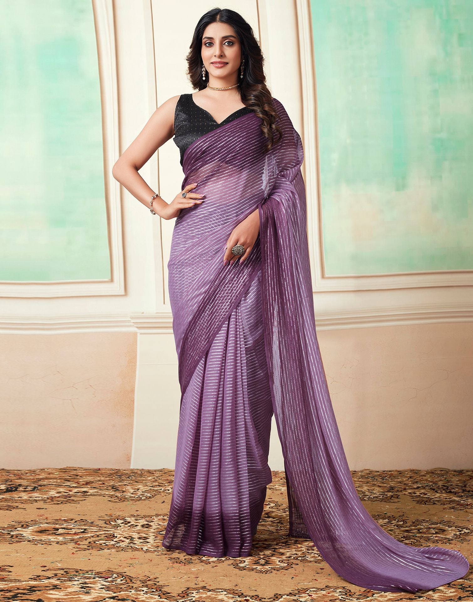 Deep Purple Georgette Plain Embellished Saree