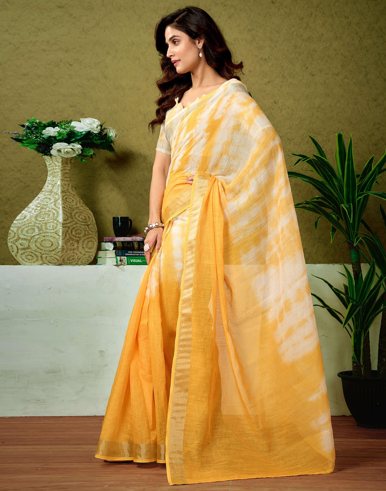 Ready To Wear Yellow Linen Zari Printed Saree