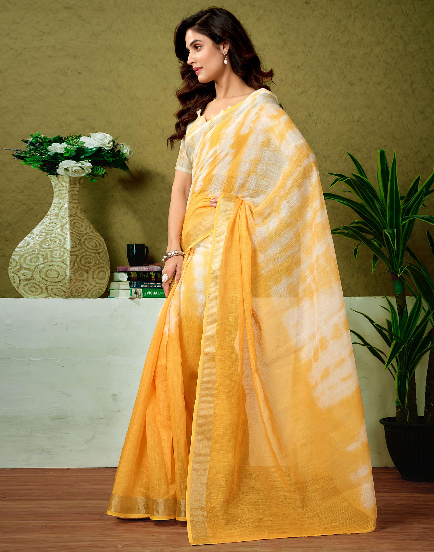 Ready To Wear Yellow Linen Zari Printed Saree
