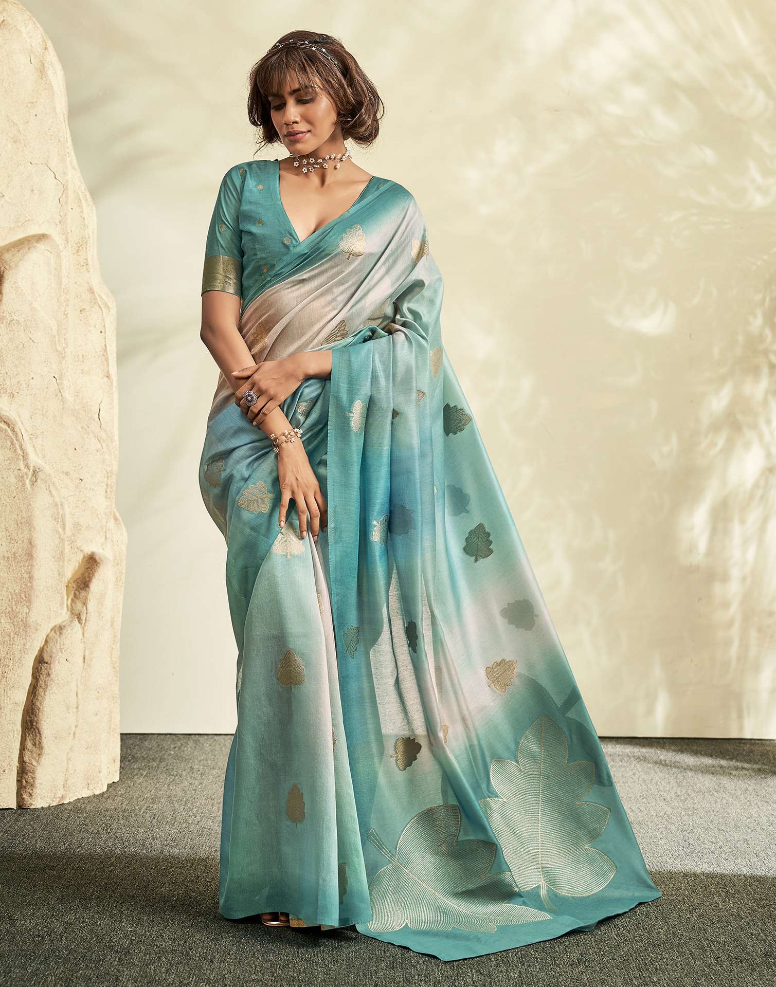 Turquoise Jacquard Cotton Saree
