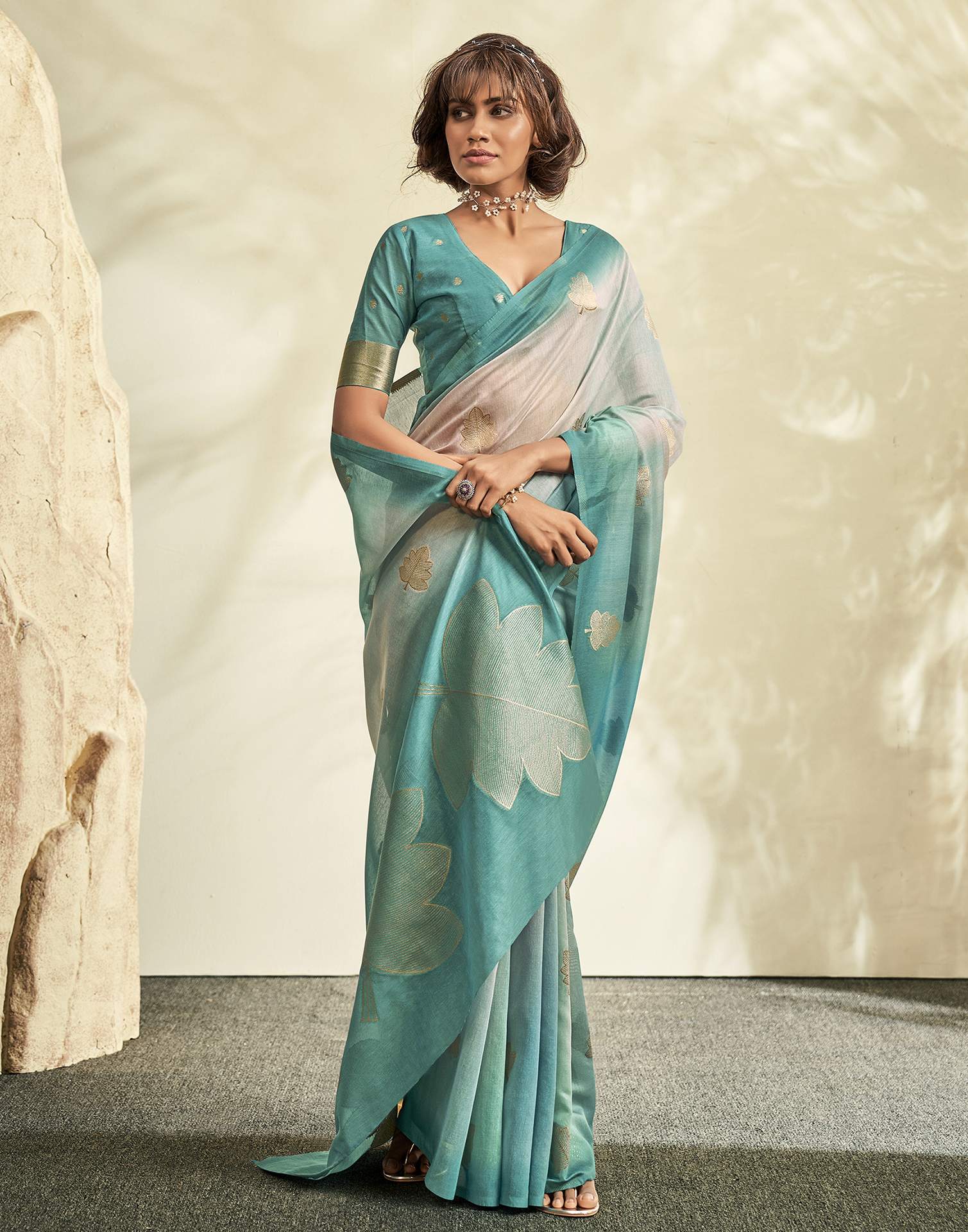 Turquoise Jacquard Cotton Saree