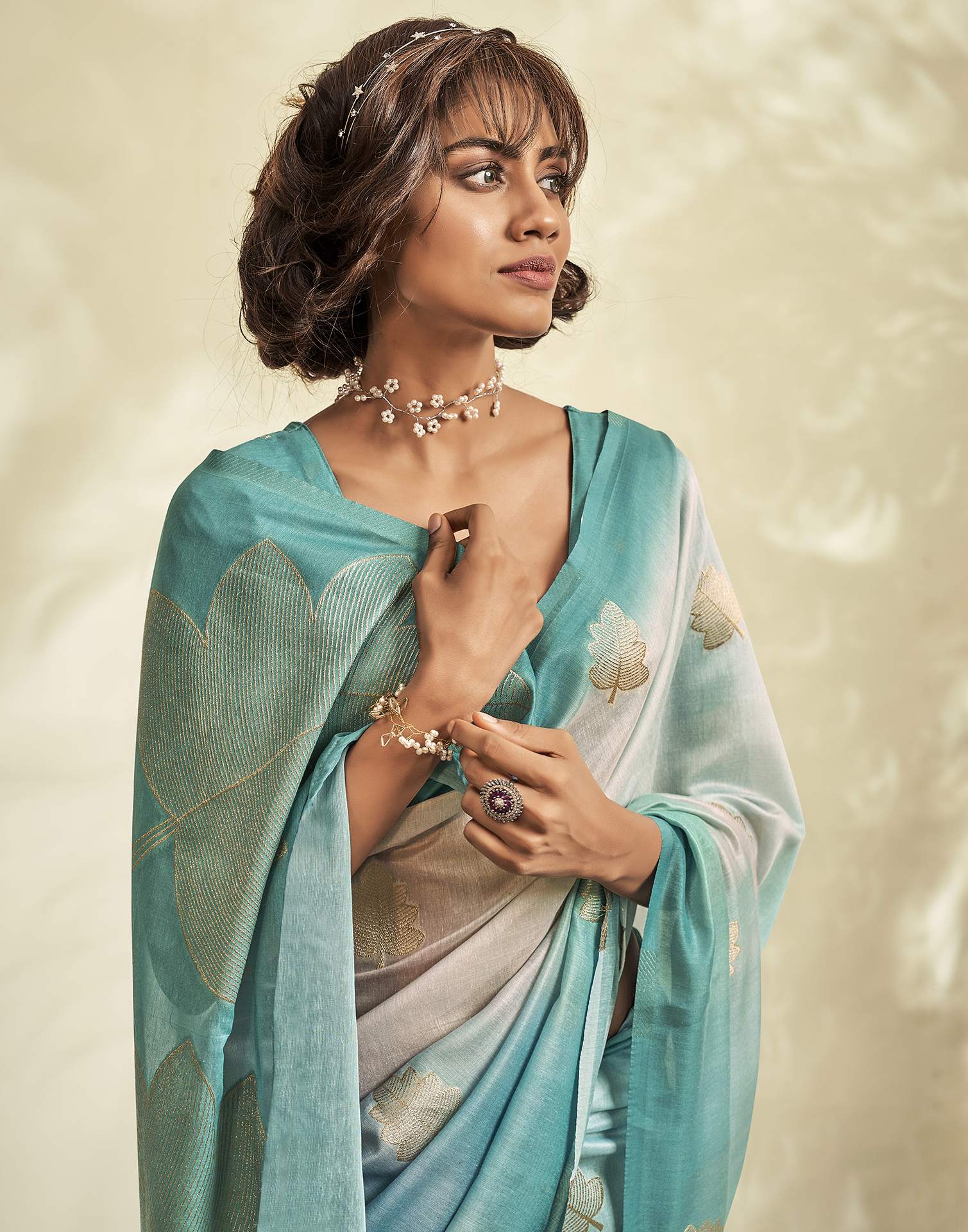 Turquoise Jacquard Cotton Saree