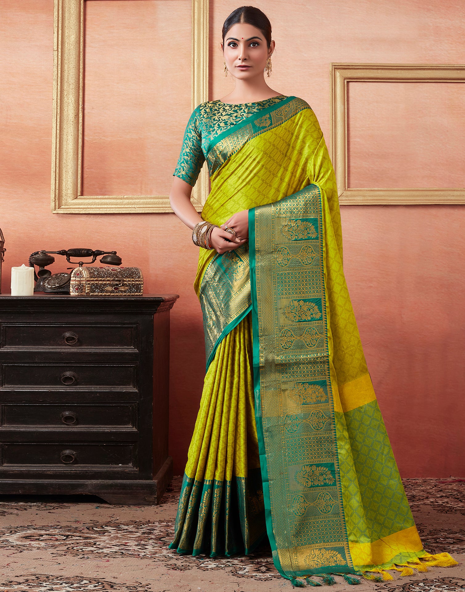 Lime Green Silk Woven Kanjivaram Saree