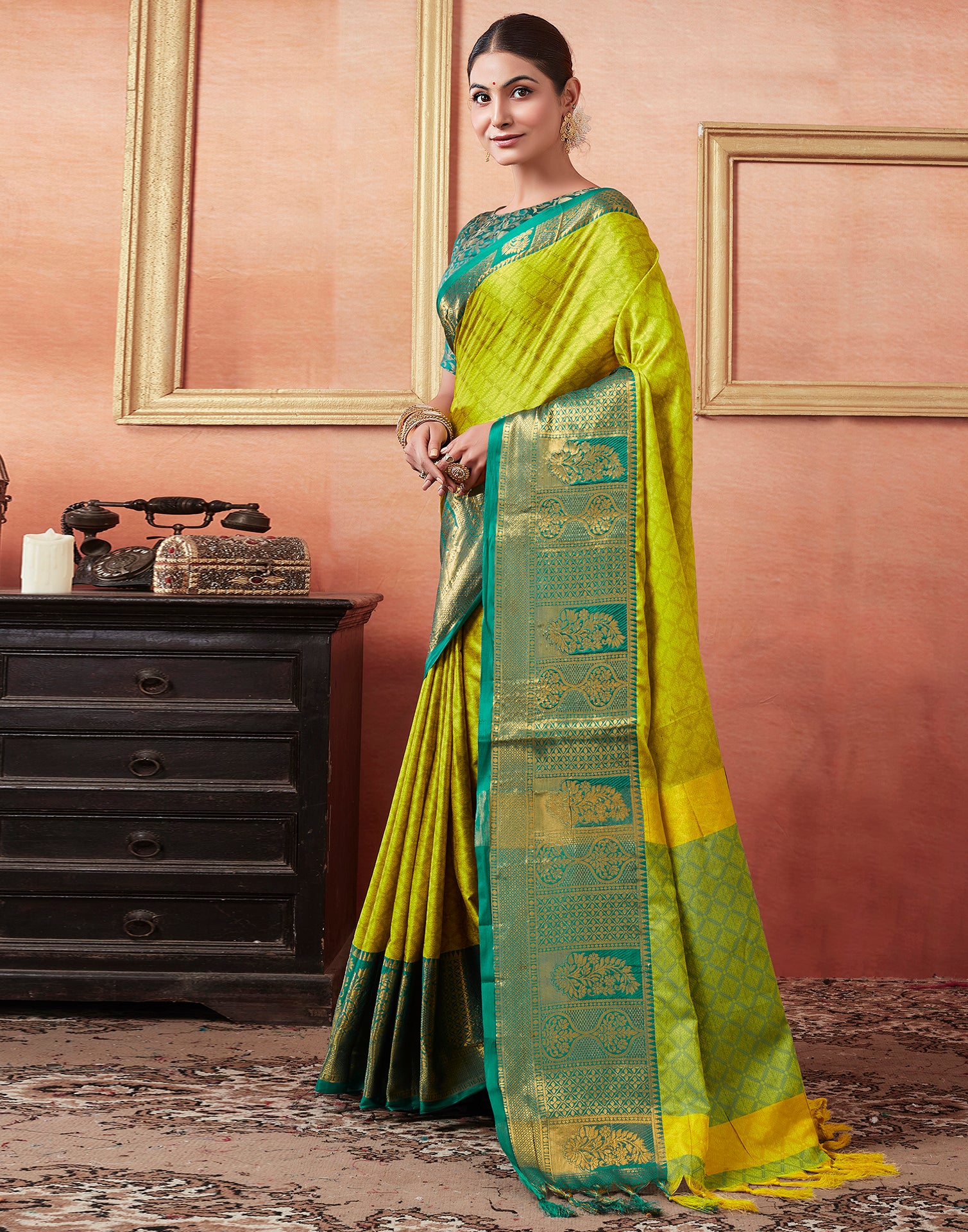 Lime Green Silk Woven Kanjivaram Saree