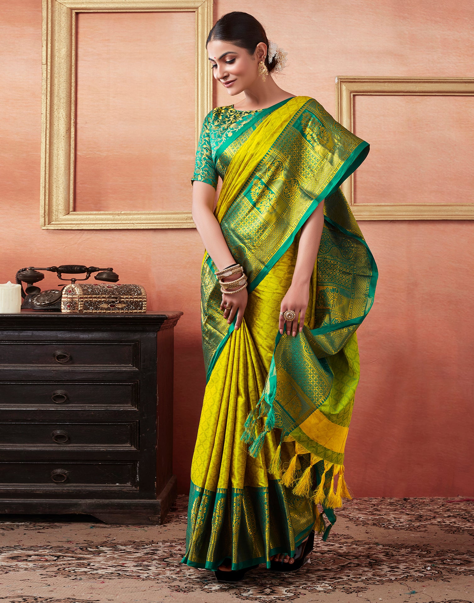 Lime Green Silk Woven Kanjivaram Saree