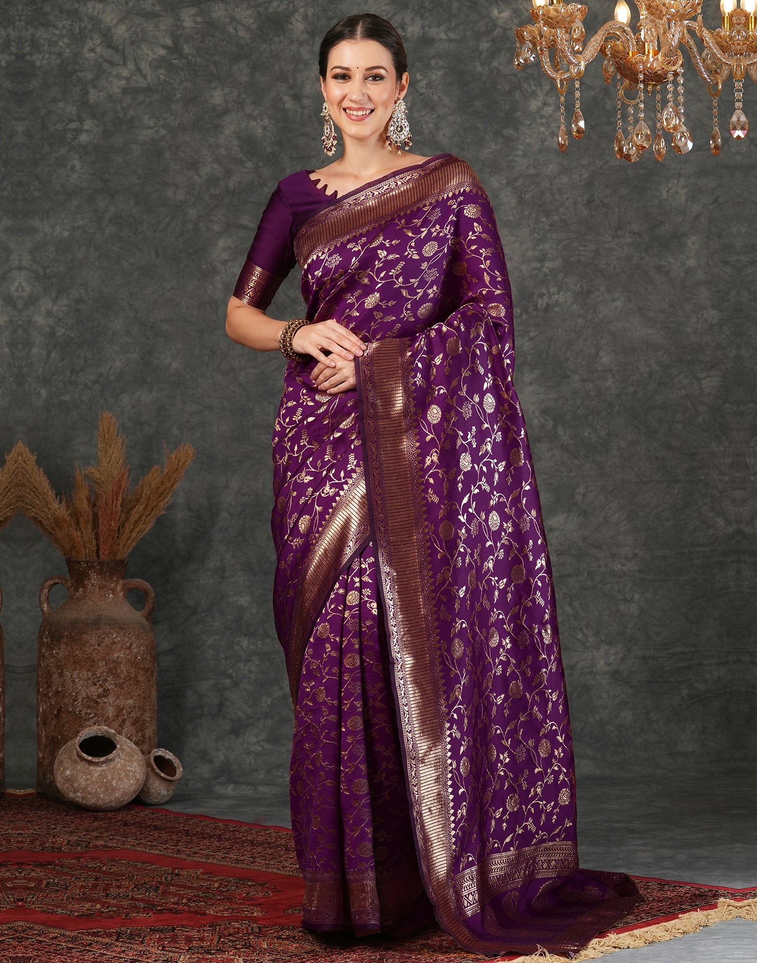 Dark Purple Silk Plain Banarasi Saree