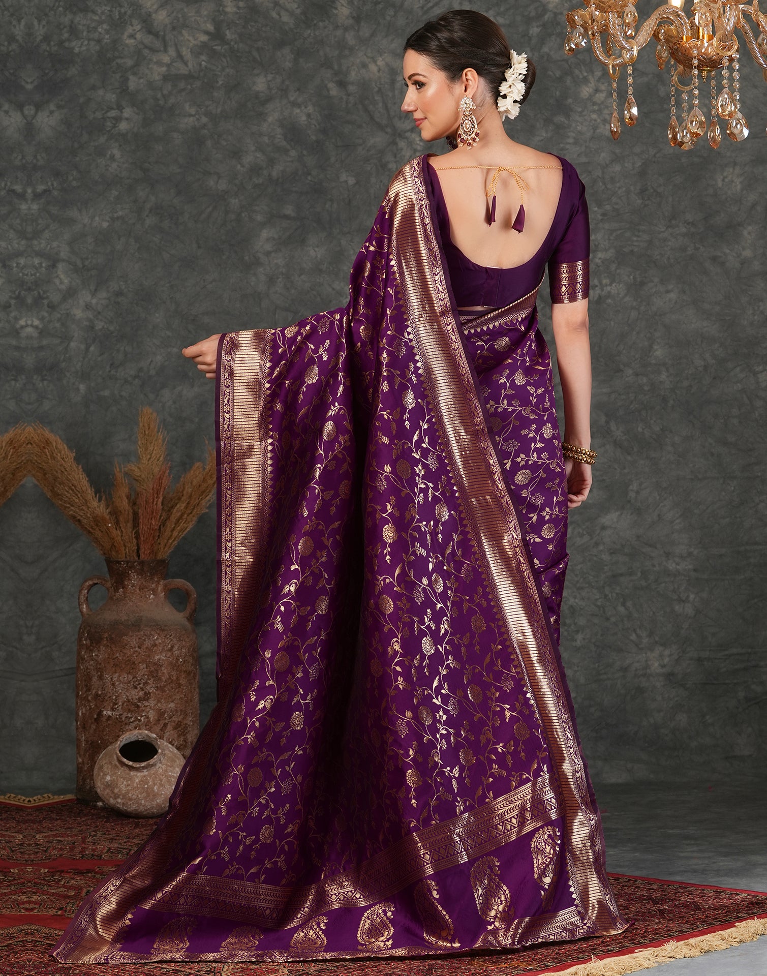 Dark Purple Silk Plain Banarasi Saree