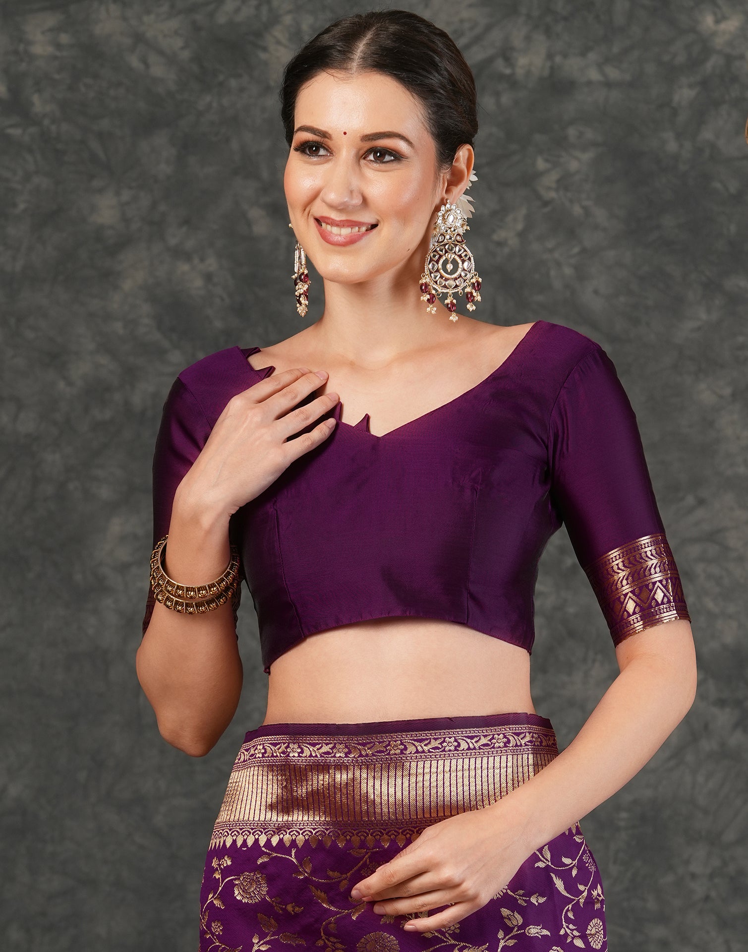 Dark Purple Silk Plain Banarasi Saree