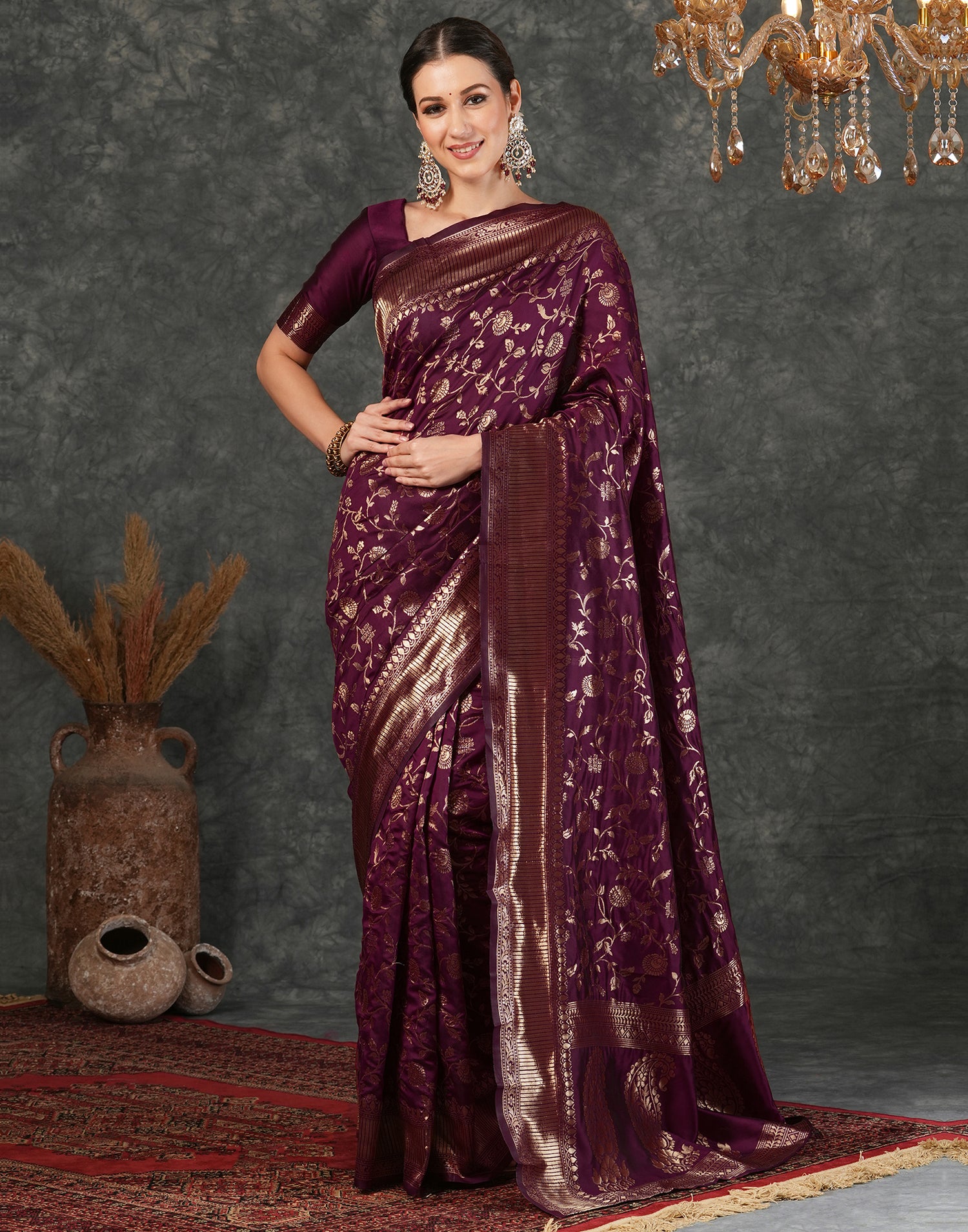 Dark Maroon Silk Woven Banarasi Saree