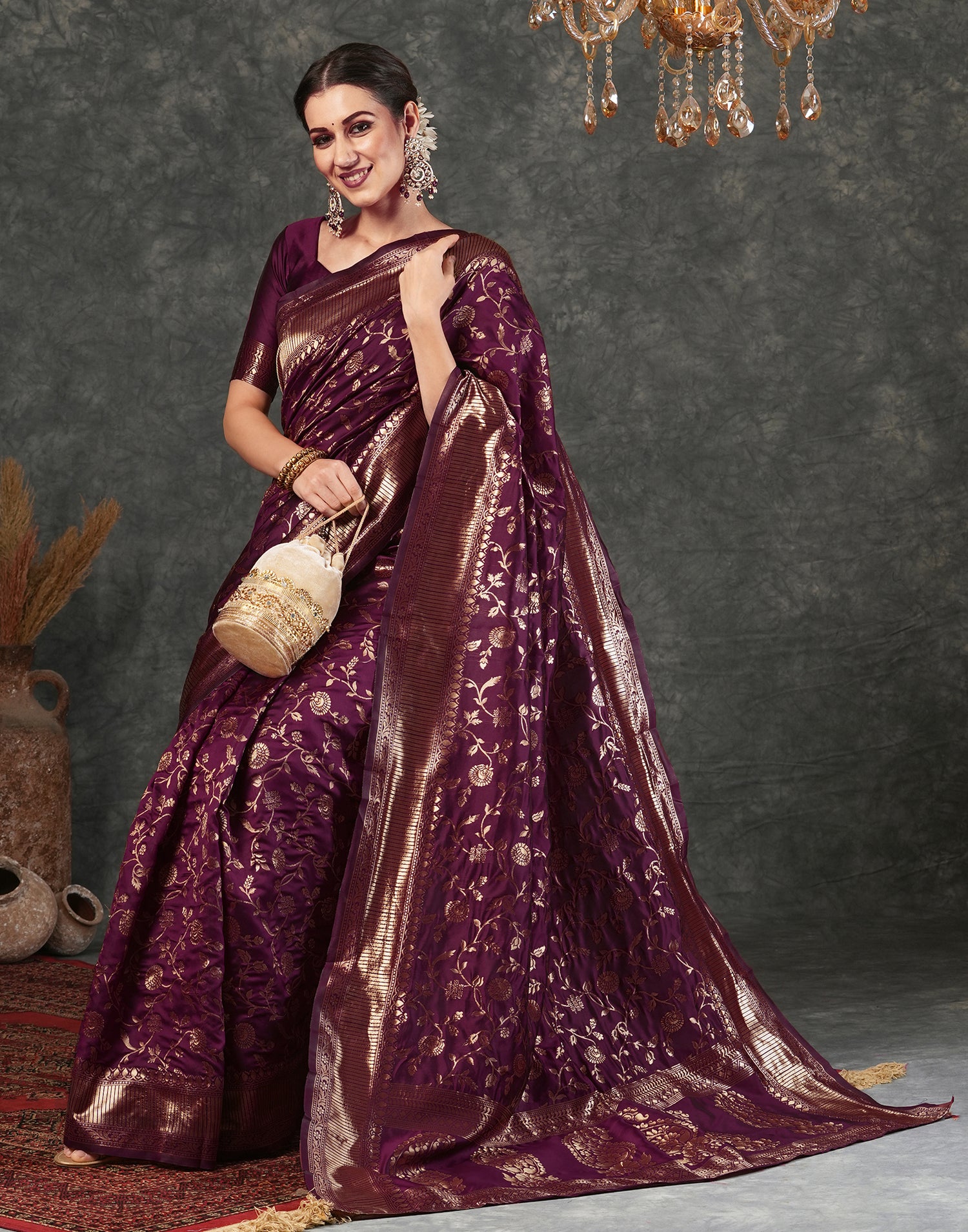 Dark Maroon Silk Woven Banarasi Saree