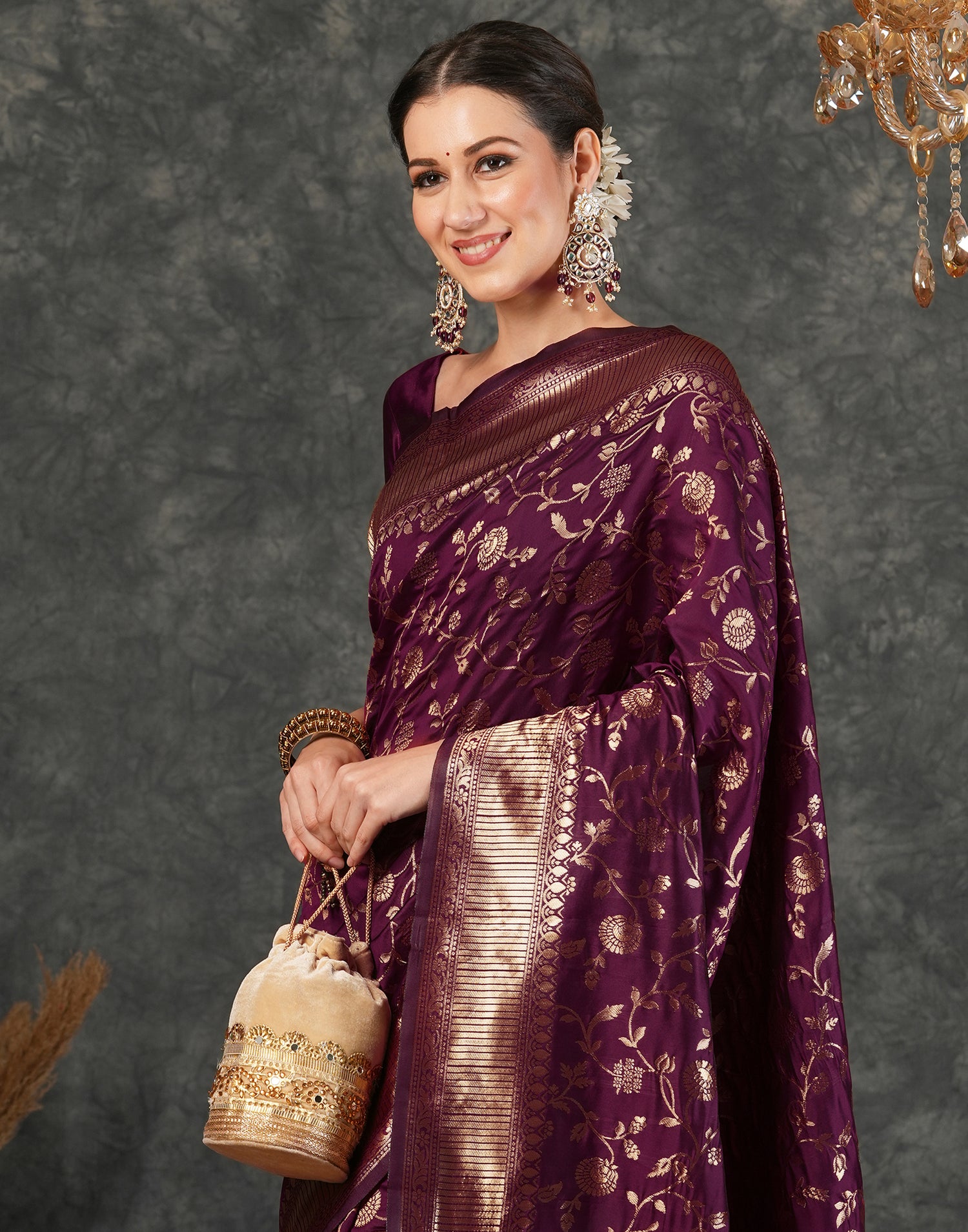 Dark Maroon Silk Woven Banarasi Saree