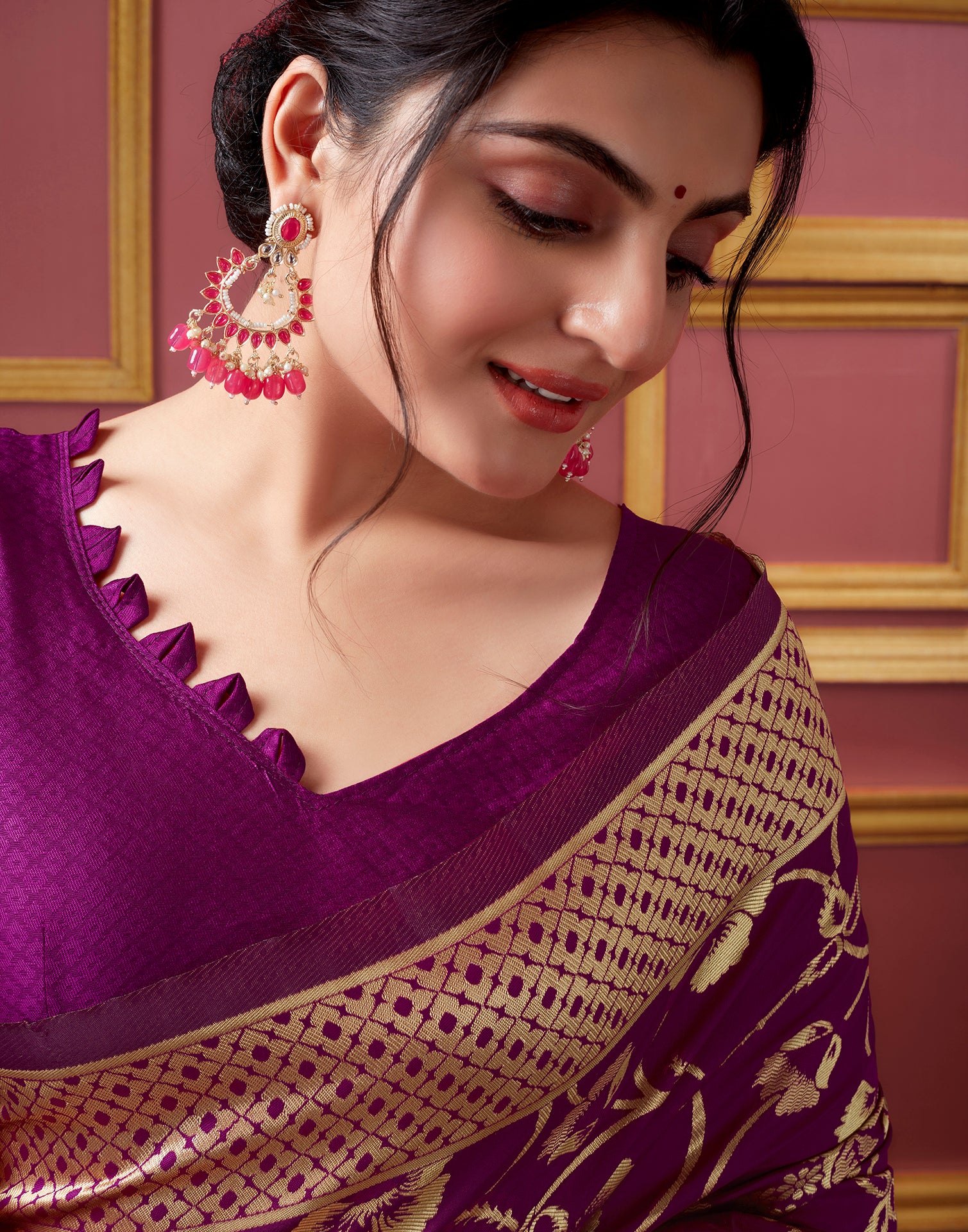 Dark Magenta Silk Woven Banarasi Saree