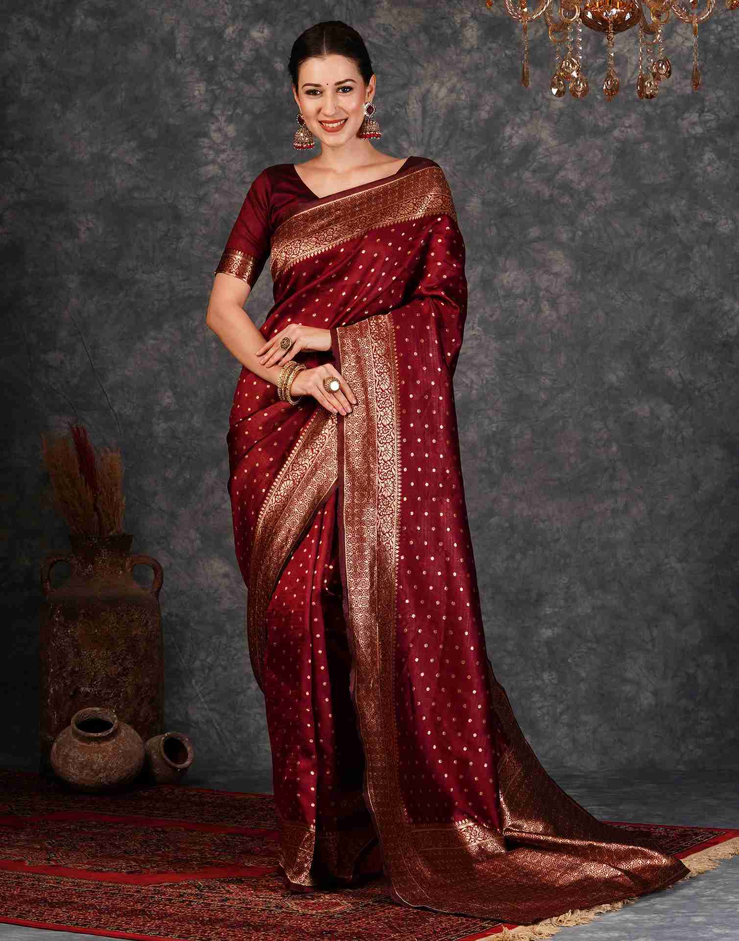 Maroon Silk Woven Banarasi Saree - Main Image