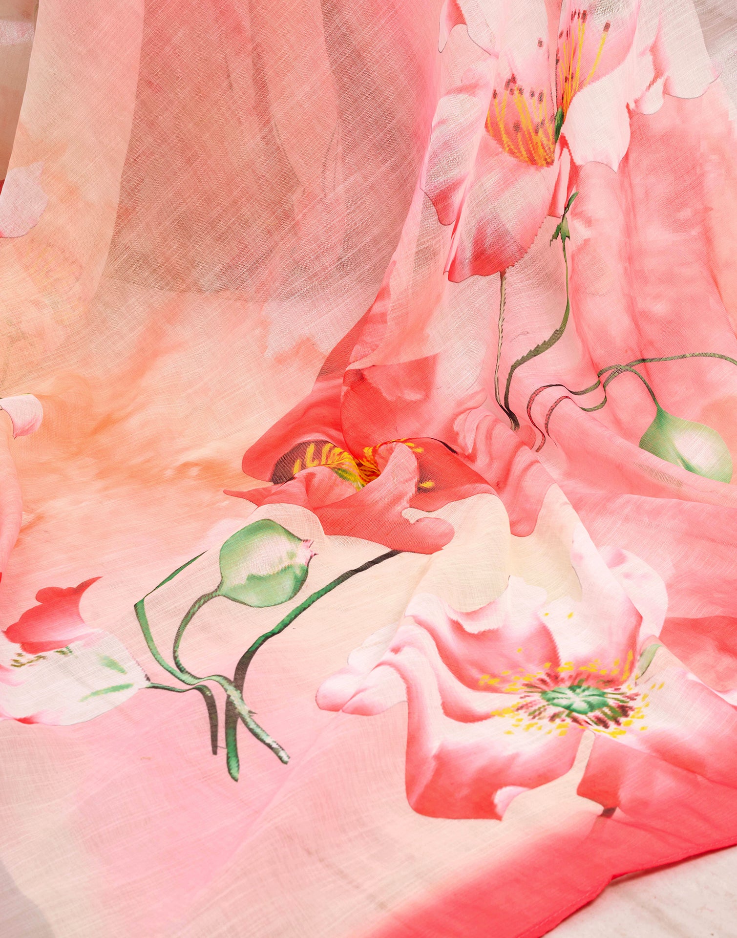 Ready To Wear Pink Linen Floral Printed Saree