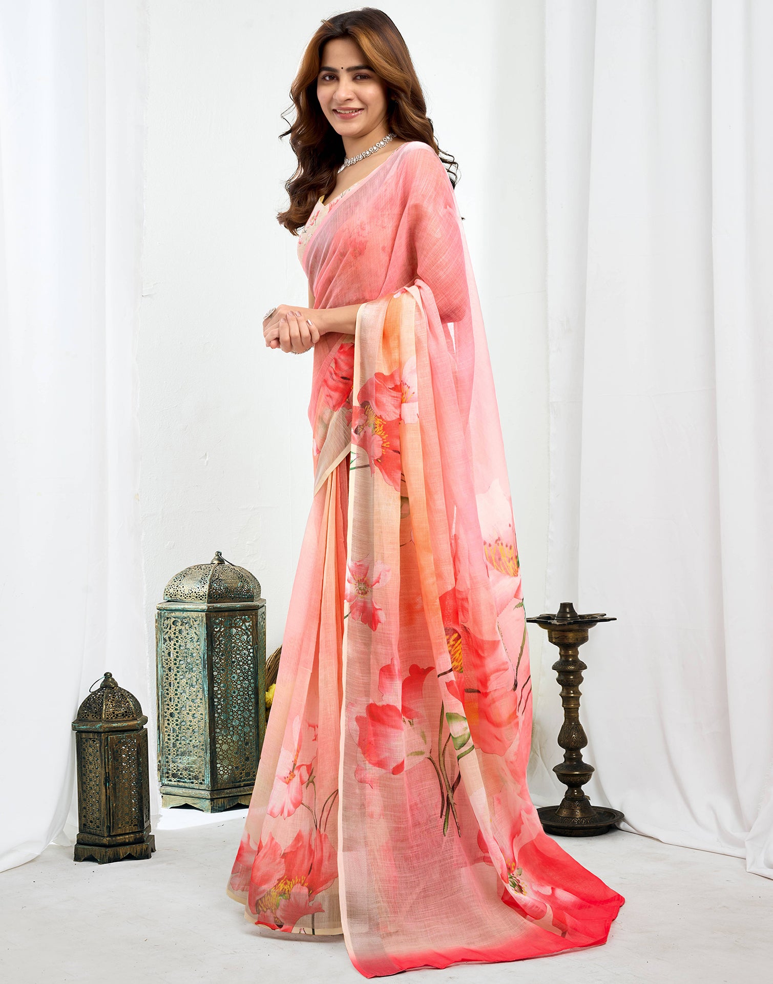 Ready To Wear Pink Linen Floral Printed Saree