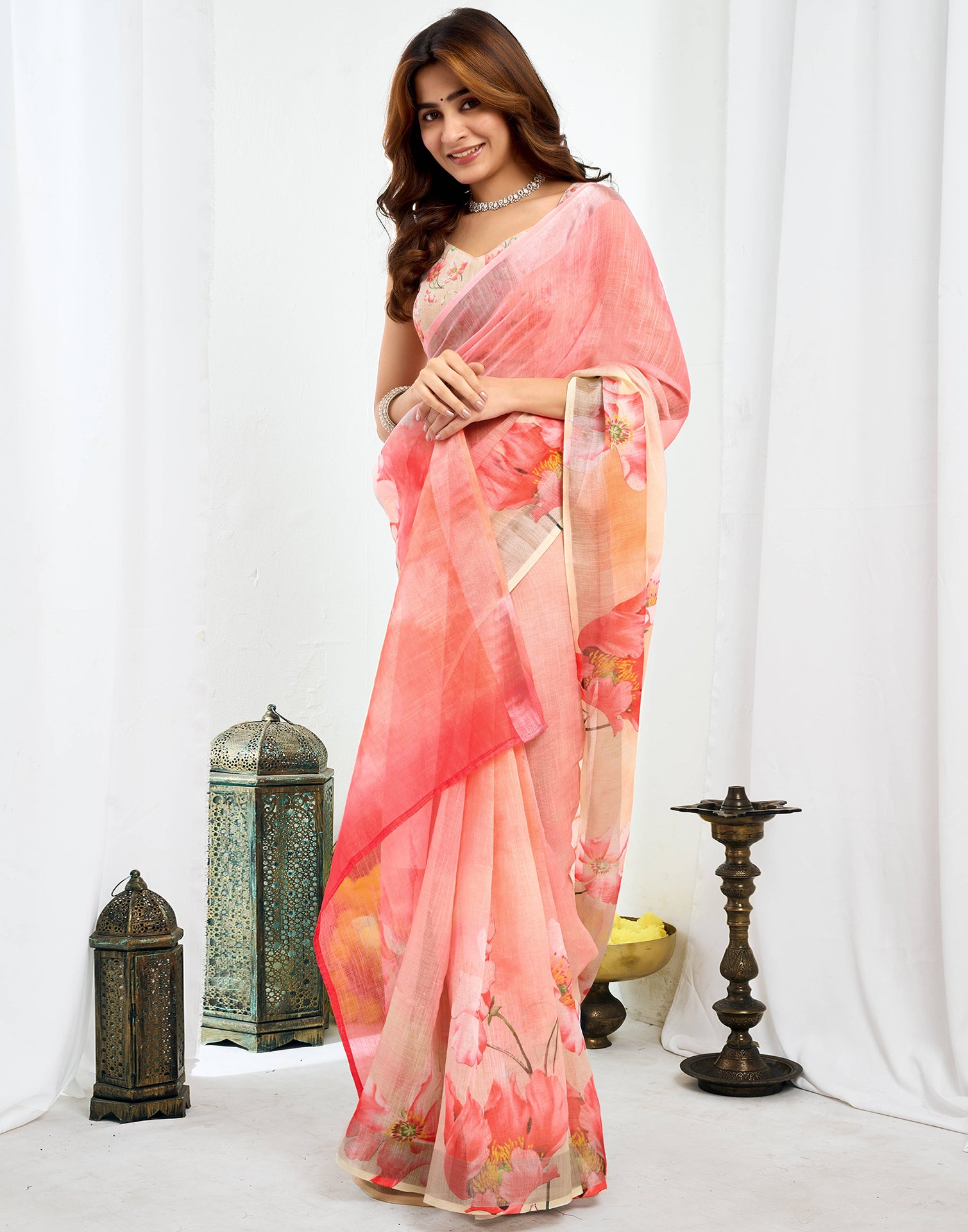 Ready To Wear Pink Linen Floral Printed Saree